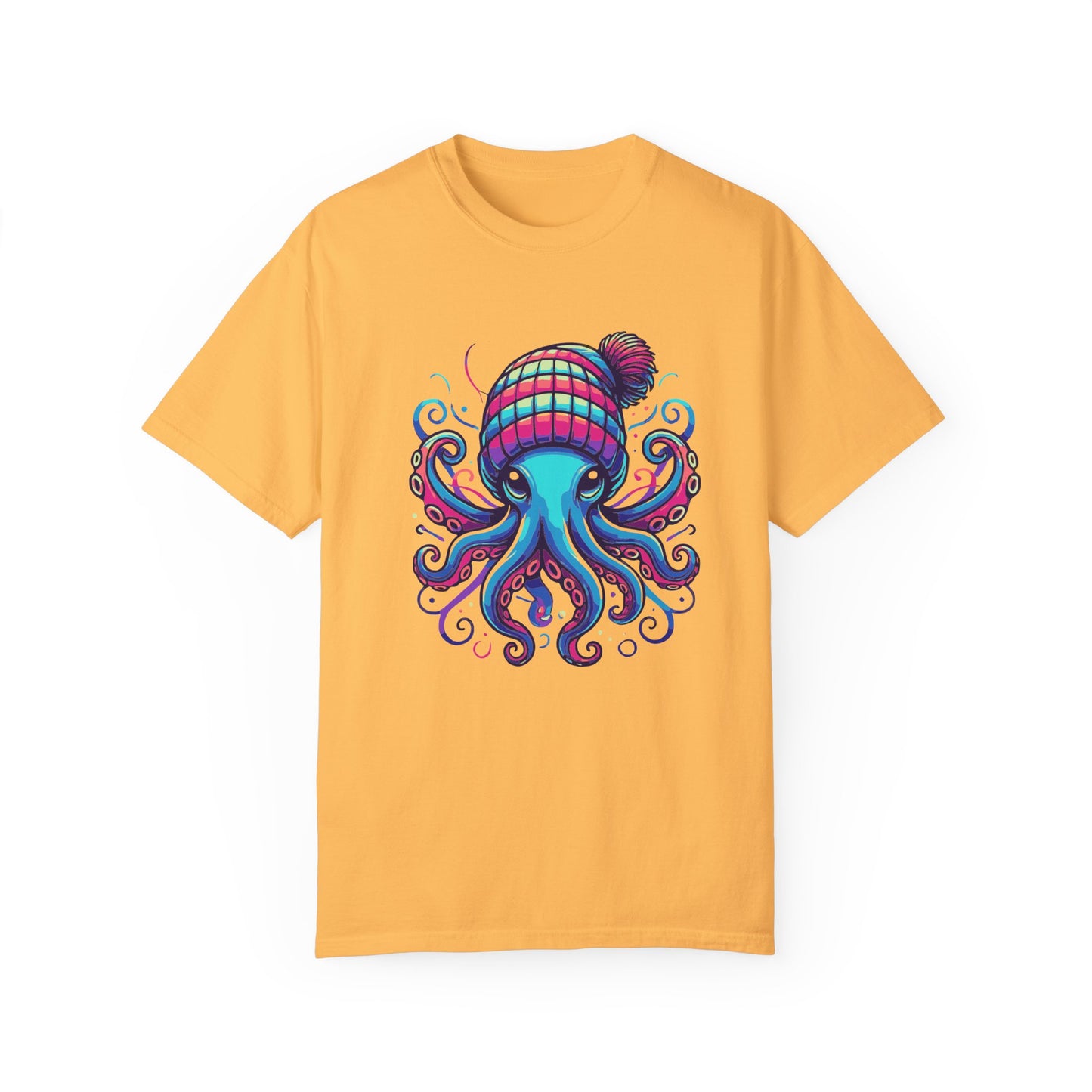 a citrus colored t-shirt with an image of jewel-toned Octopus wearing a knit cap
