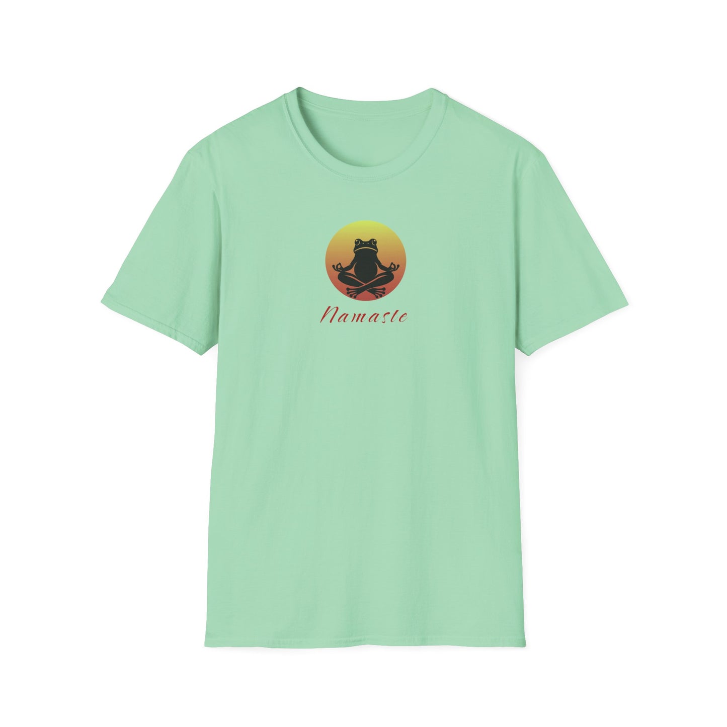 Mint-colored T-shirt featuring a relaxed frog in a peaceful yoga pose, ideal for self-care enthusiasts and mindfulness lovers. This zen-inspired shirt offers comfort and calm for yoga practice or everyday wear.