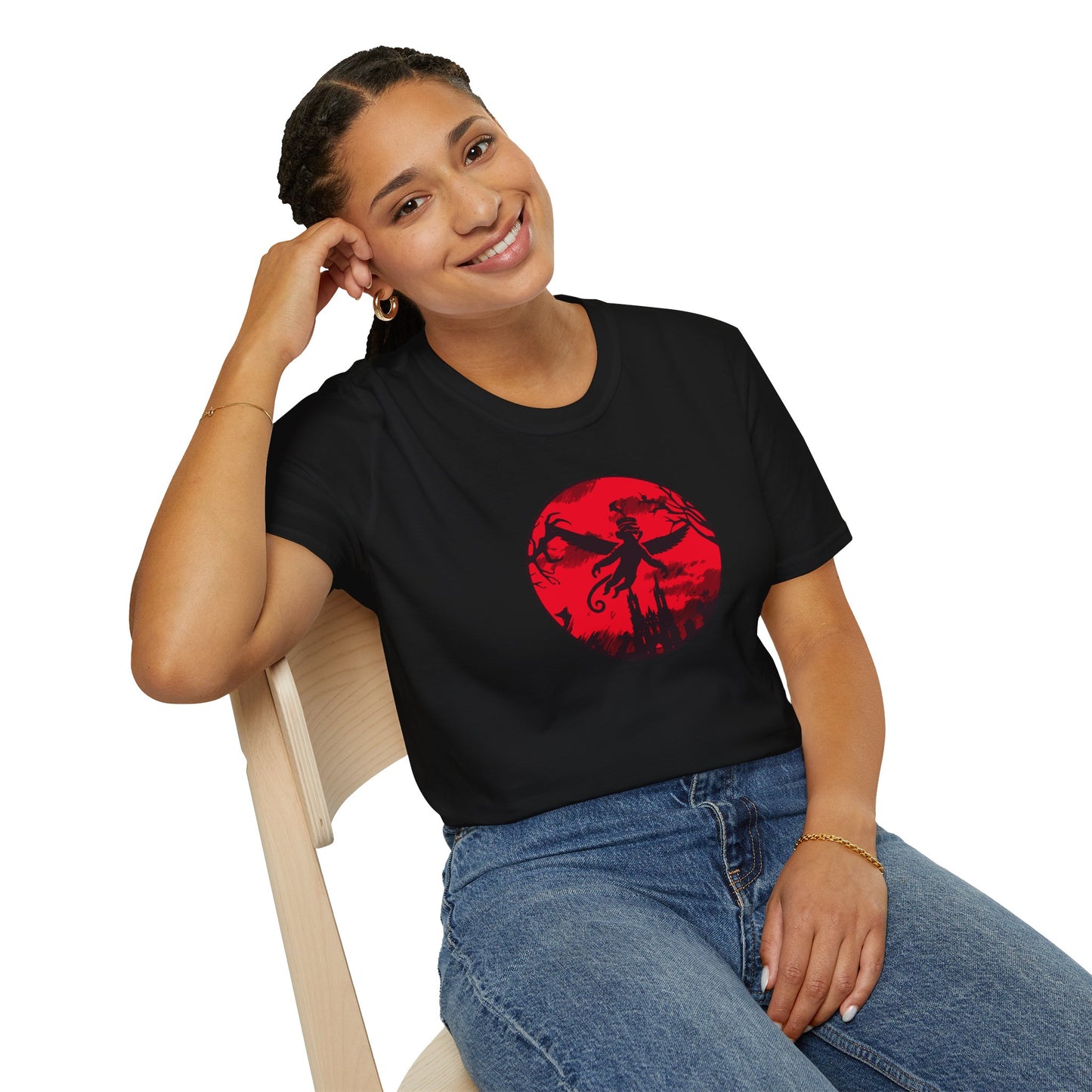 a woman wearing a black colored t-shirt featuring a winged monkey soaring against a haunting red sky, perfect for embracing your wild and mischievous side with bold, daring style.
