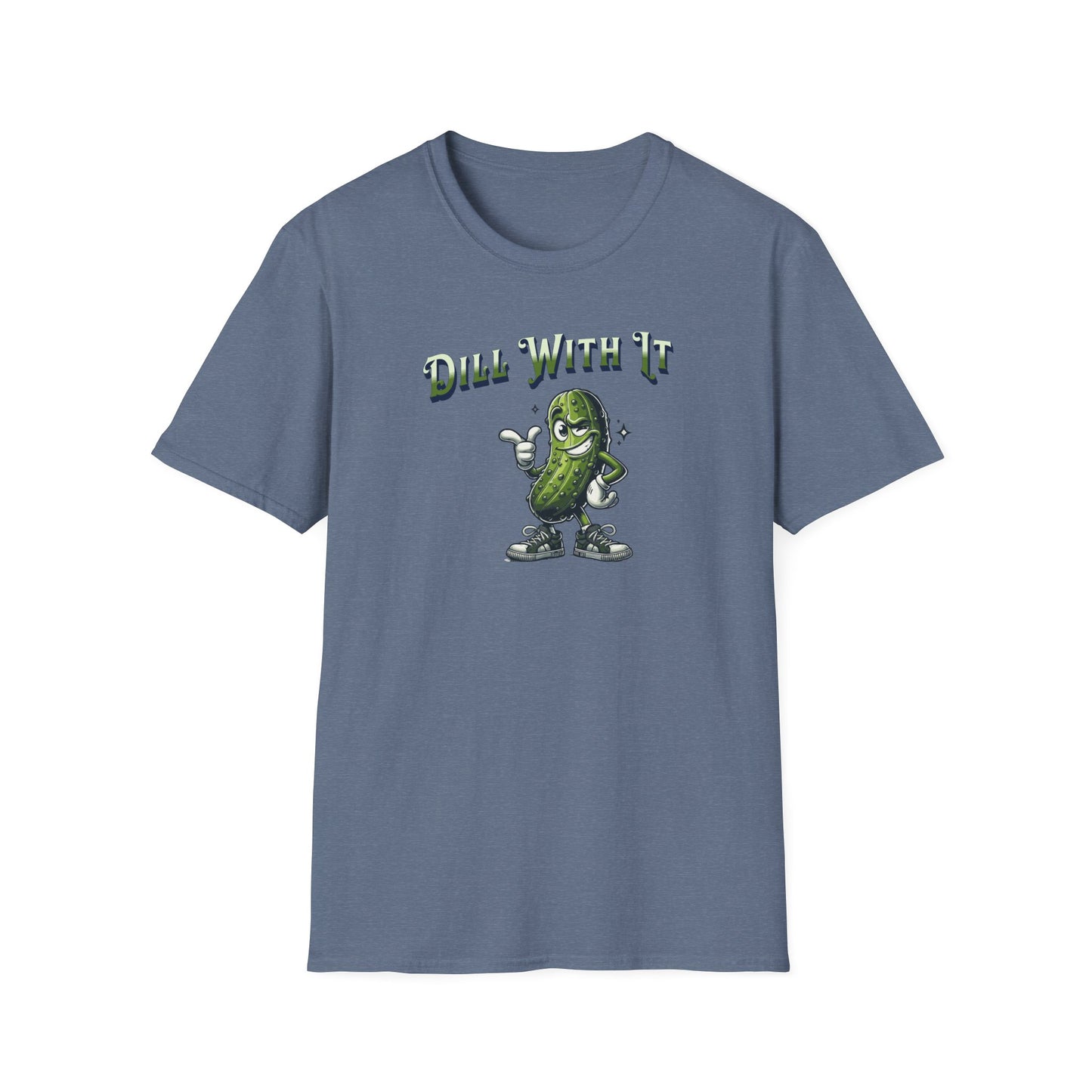 Heather indigo colored t-shirt featuring a snarky pickle with a smirking expression, accompanied by the text 'Dill with it.' The pickle exudes cool confidence, perfect for those who embrace their individuality and unbothered attitude.