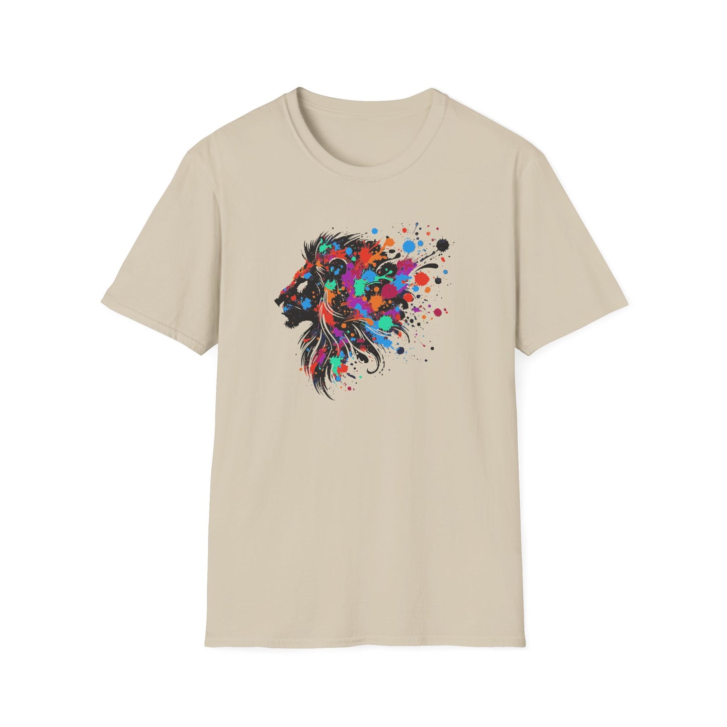 a sand colored tshirt featuring a vibrant ink splatter forming the side profile of a lion's head, showcasing bold colors and dynamic artistic detail.