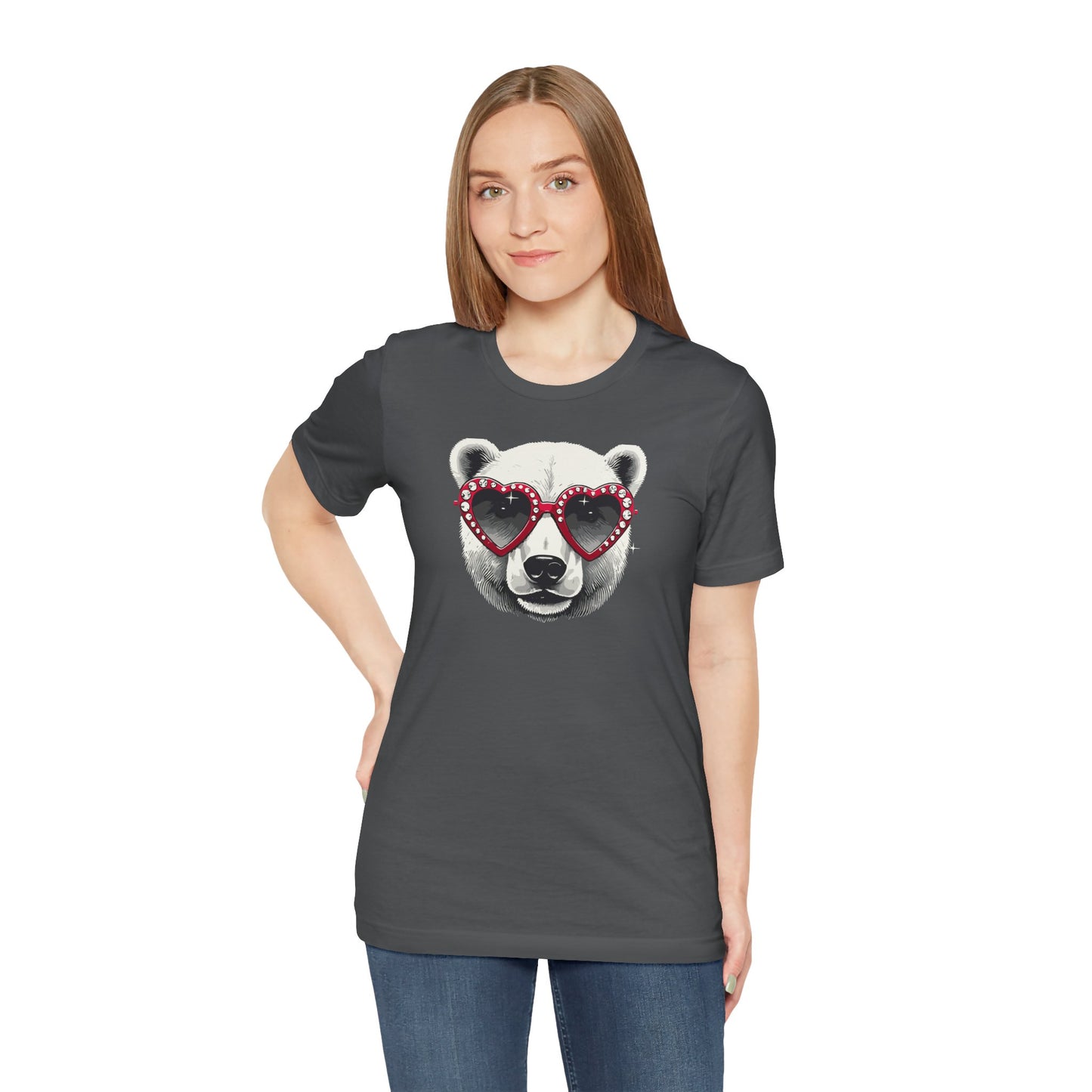 a woman wearing an asphalt color t-shirt with a white polar bear face wearing a a heart-shaped sunglasses