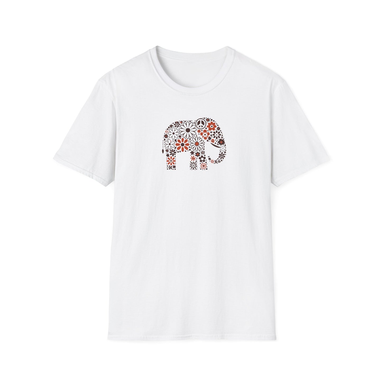 white color t-shirt with an image of an elephant created out of brown and orange floral design
