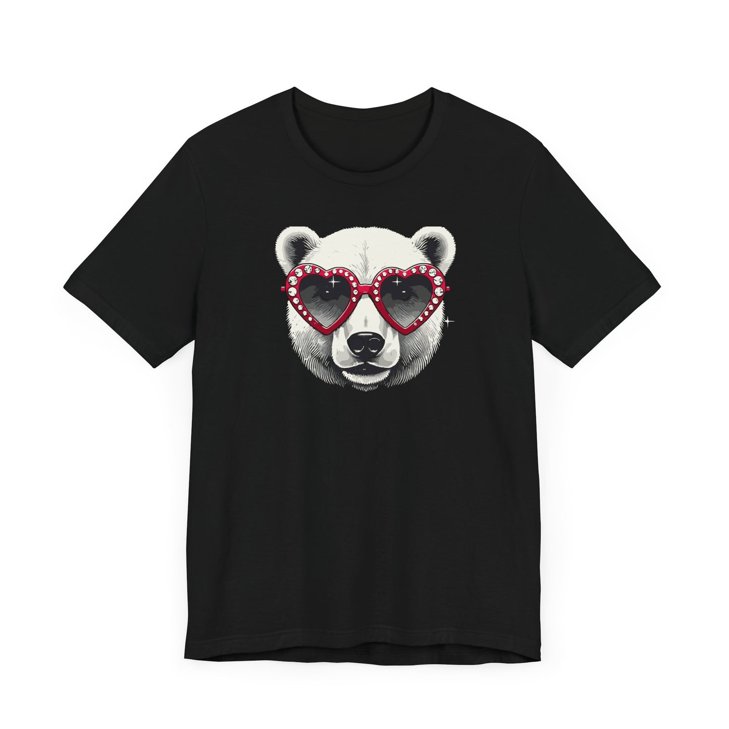 a black color t-shirt with a white polar bear face wearing a a heart-shaped sunglasses