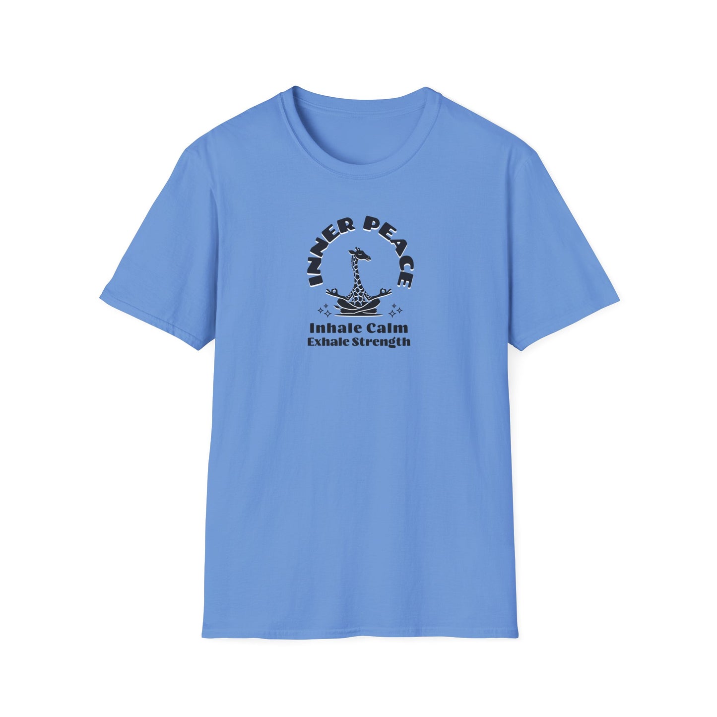 a carolina blue colored t-shirt with image of a giraffe in a zen position with the text surrounding image, inner peace, inhale clam exhale strengths.