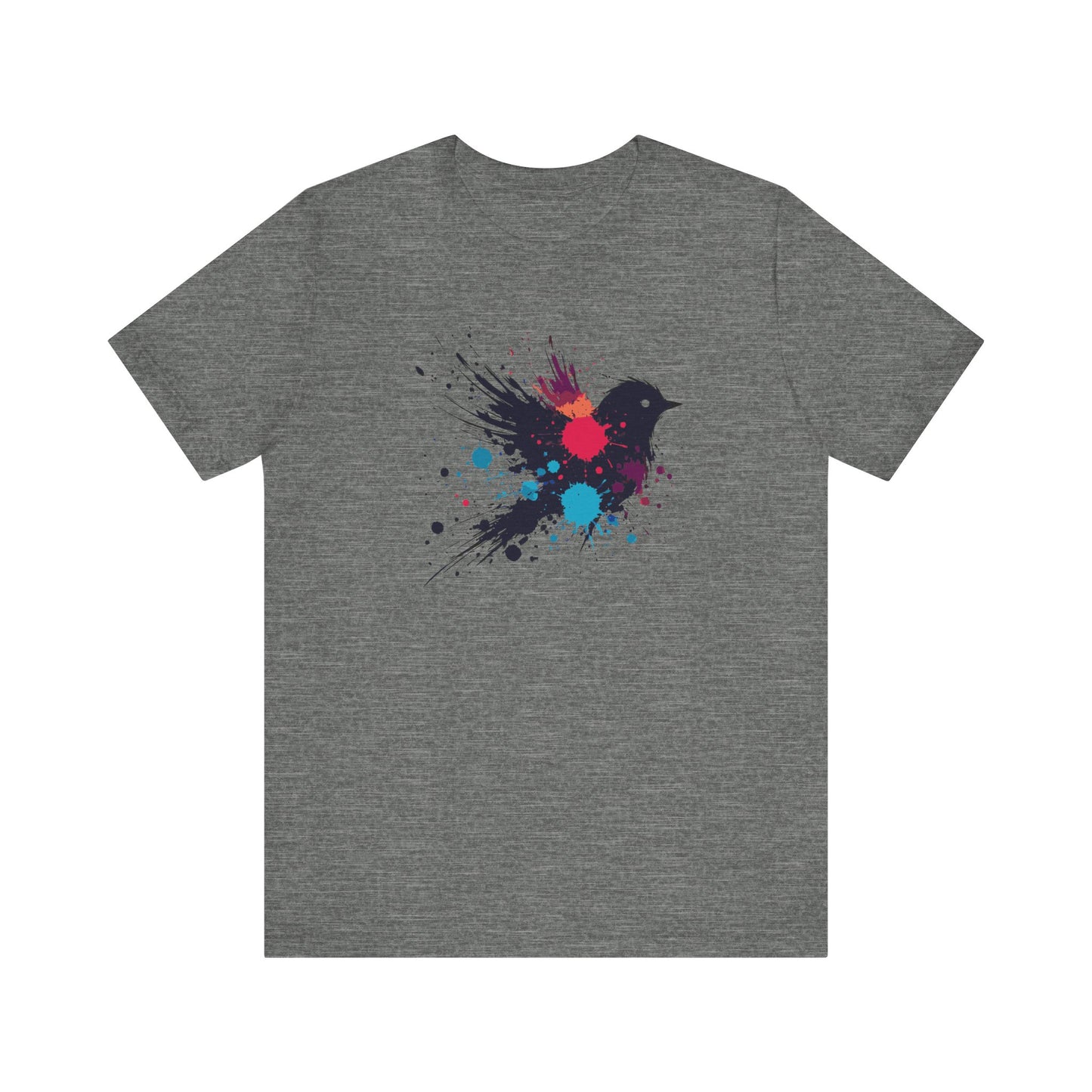 a deep heather color t-shirt with an image of blue red and orange paint splatter bird