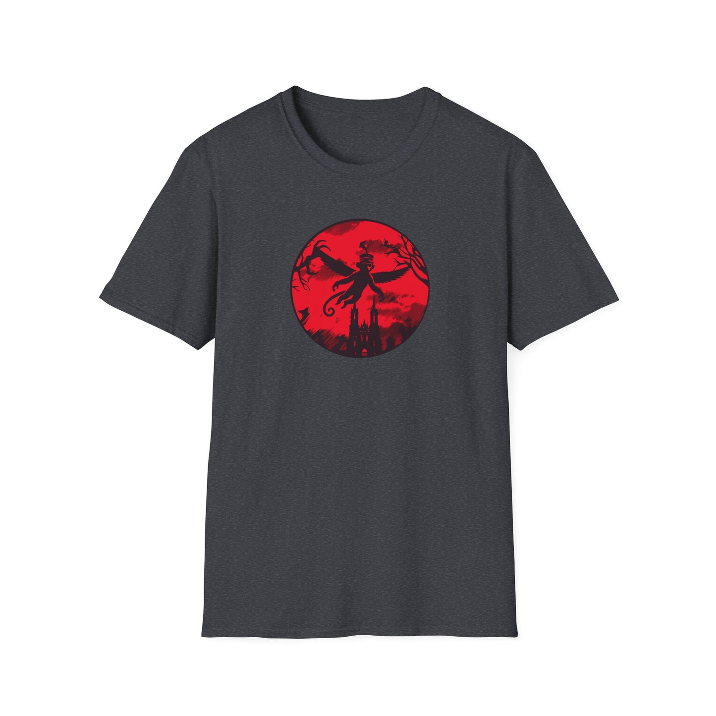 a dark heather grey colored t-shirt featuring a winged monkey soaring against a haunting red sky, perfect for embracing your wild and mischievous side with bold, daring style