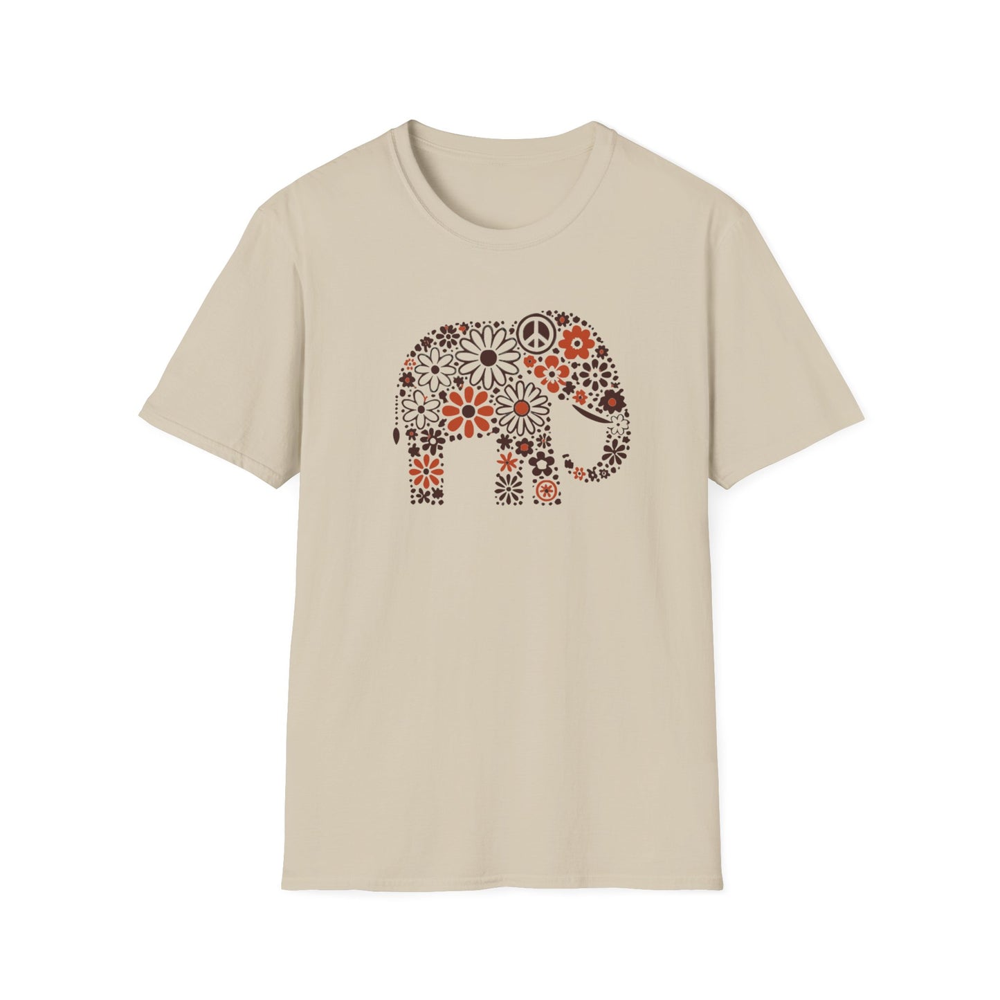 a sand color t-shirt with an image of an elephant created out of brown and orange floral design
