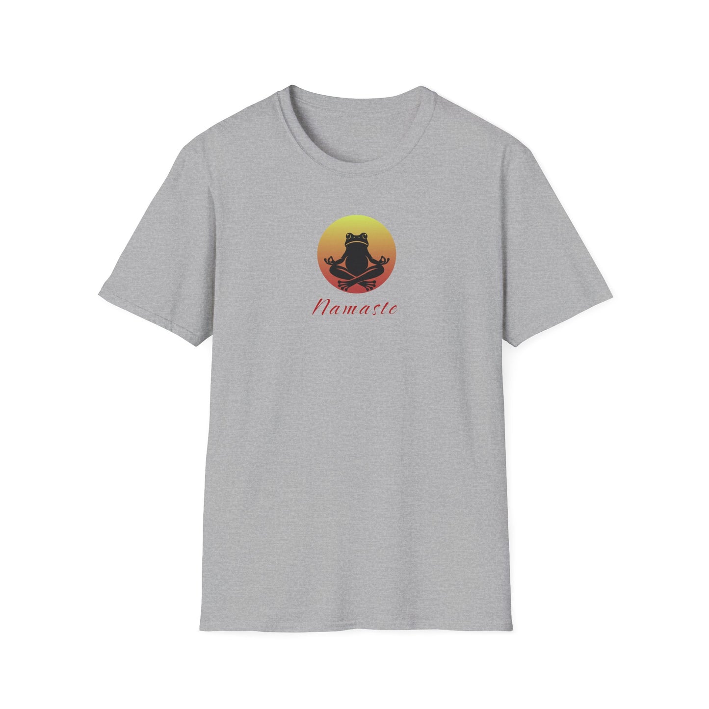 Grey-colored T-shirt featuring a relaxed frog in a peaceful yoga pose, ideal for self-care enthusiasts and mindfulness lovers. This zen-inspired shirt offers comfort and calm for yoga practice or everyday wear.