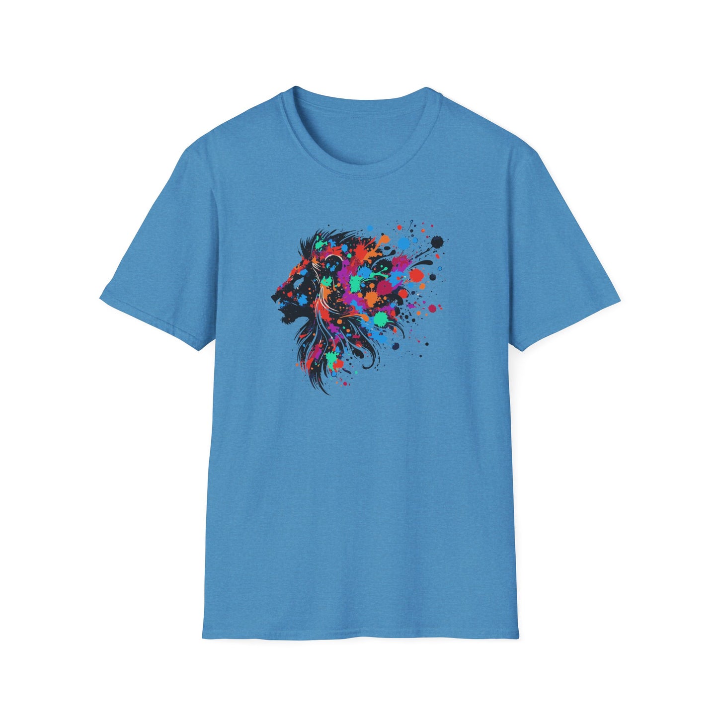 a heather sapphire colored tshirt featuring a vibrant ink splatter forming the side profile of a lion's head, showcasing bold colors and dynamic artistic detail.