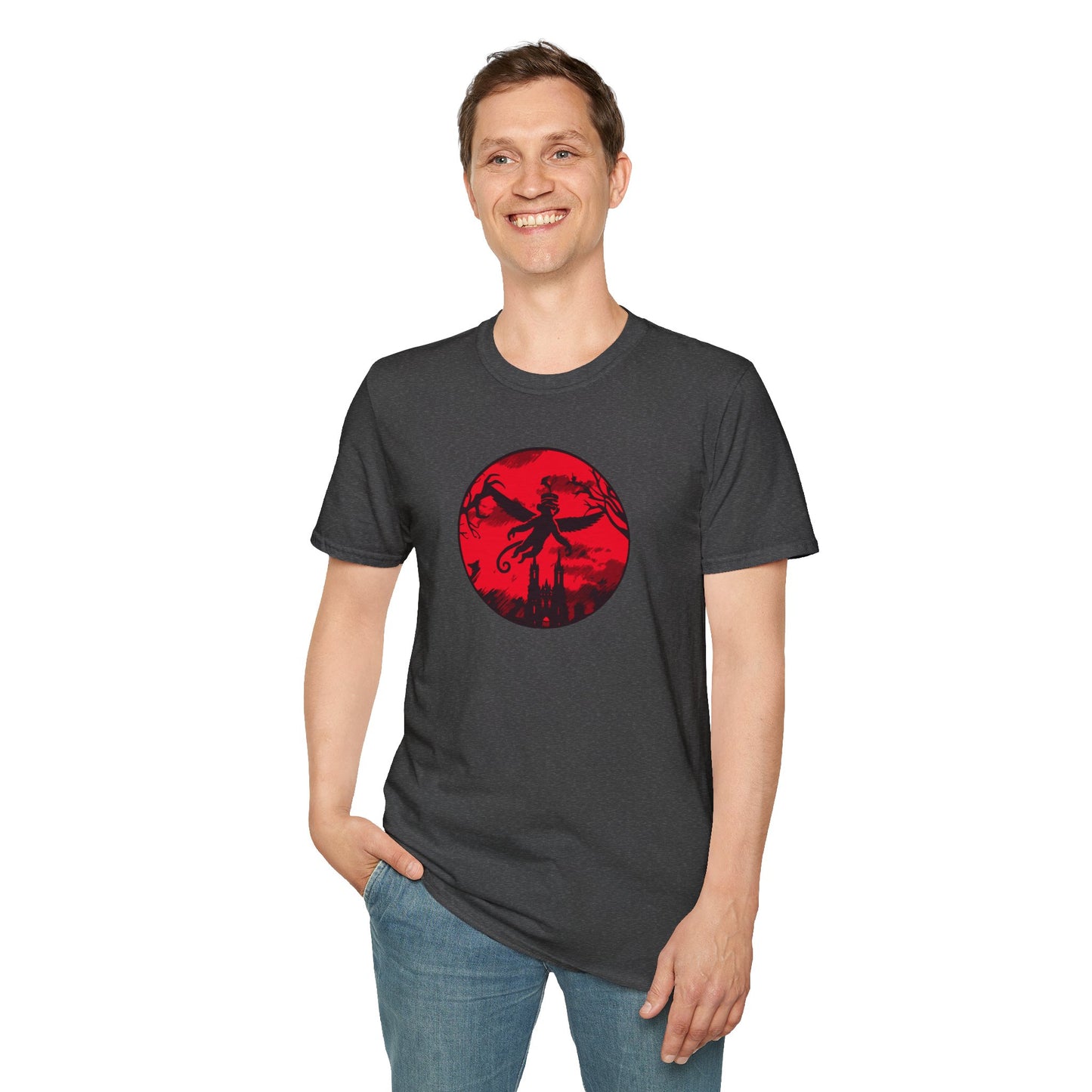 a man wearing a heather grey t-shirt featuring a winged monkey soaring against a haunting red sky, perfect for embracing your wild and mischievous side with bold, daring style.