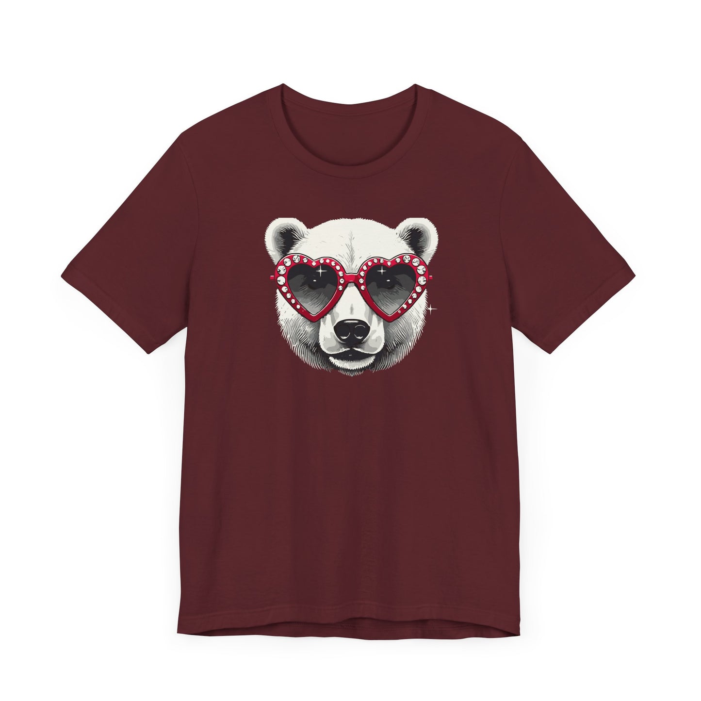 a maroon color t-shirt with a white polar bear face wearing a a heart-shaped sunglasses