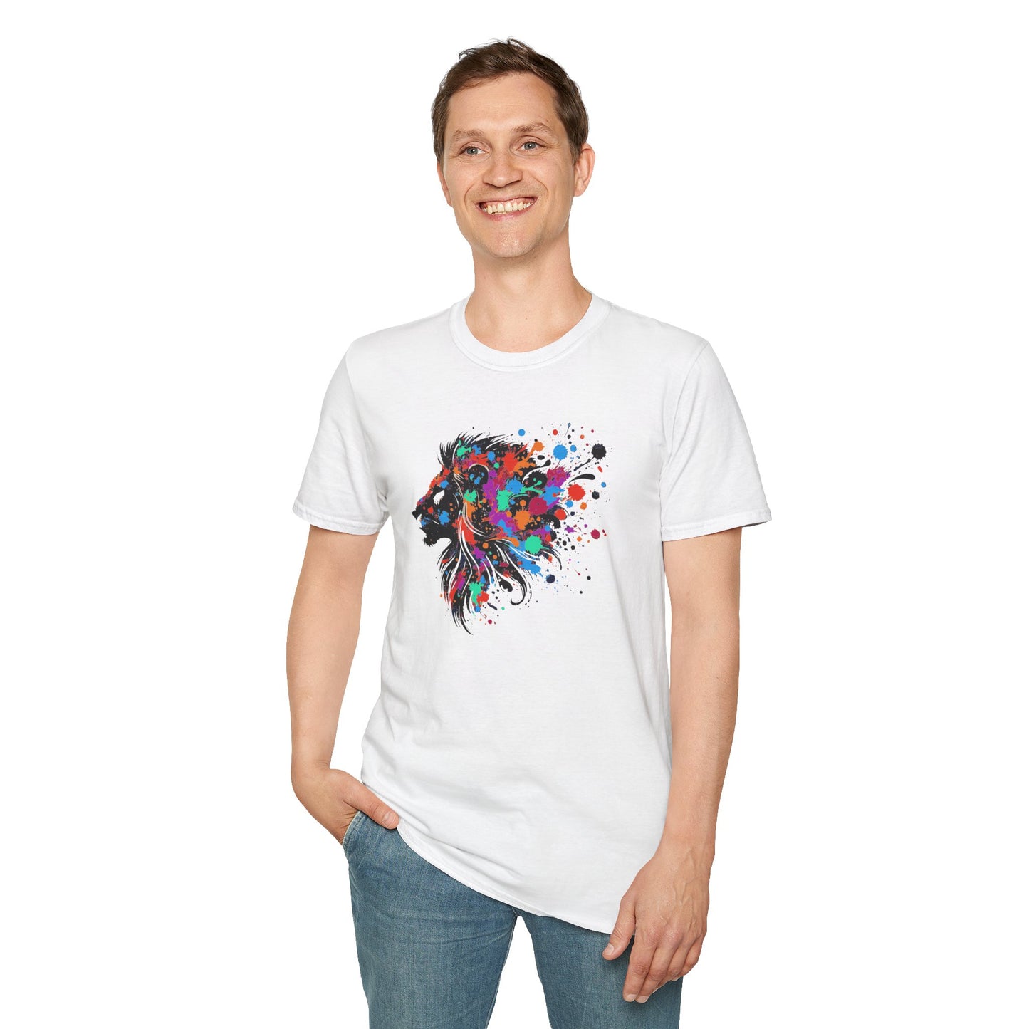 a man wearing a white colored tshirt background featuring a vibrant ink splatter forming the side profile of a lion's head, showcasing bold colors and dynamic artistic detail.