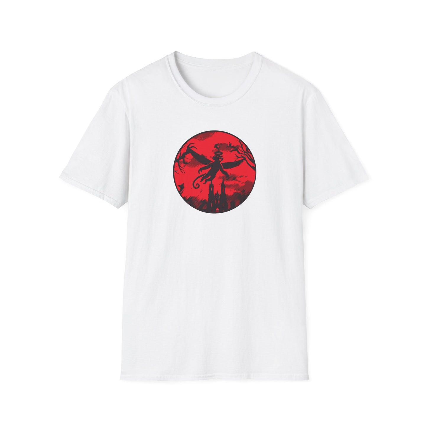 White colored t-shirt featuring a winged monkey soaring against a haunting red sky, perfect for embracing your wild and mischievous side with bold, daring style.