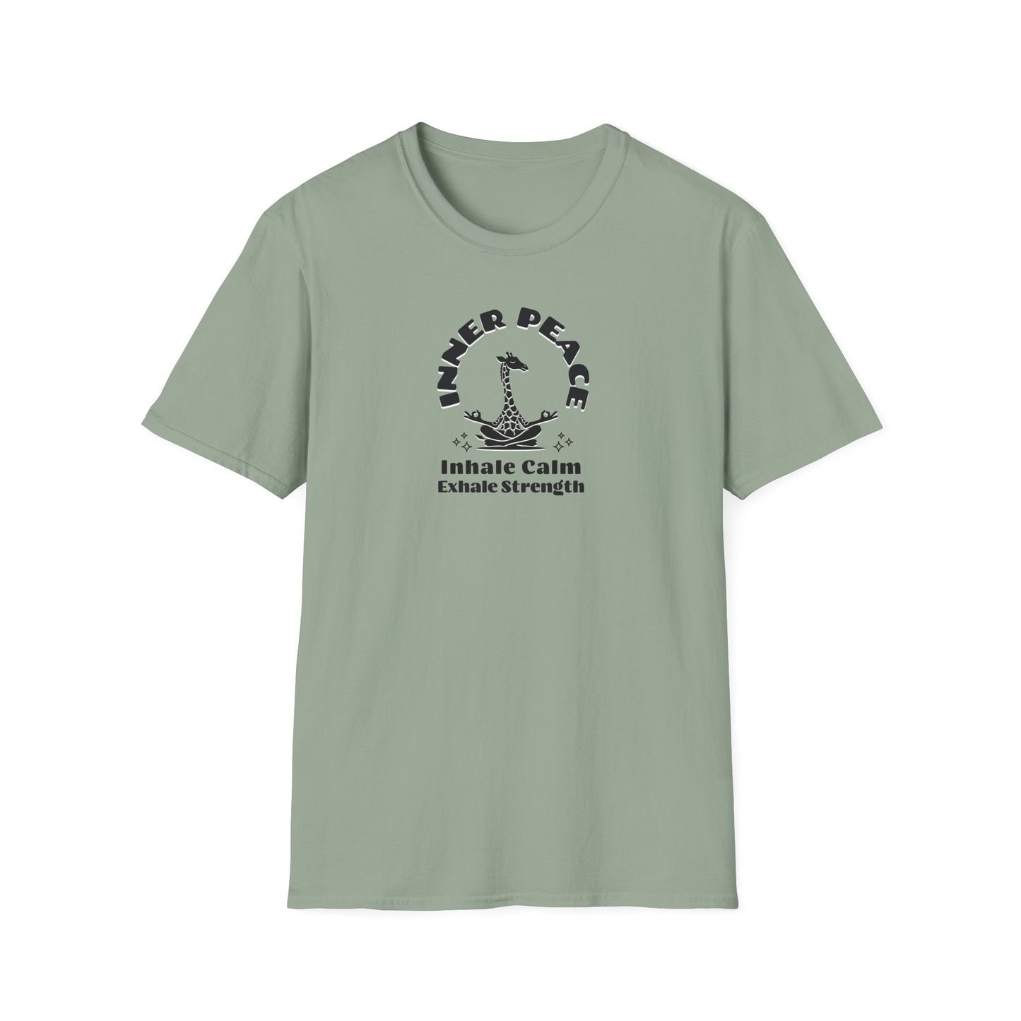 a sage colored t-shirt with image of a giraffe in a zen position with the text surrounding image, inner peace, inhale clam exhale strengths.