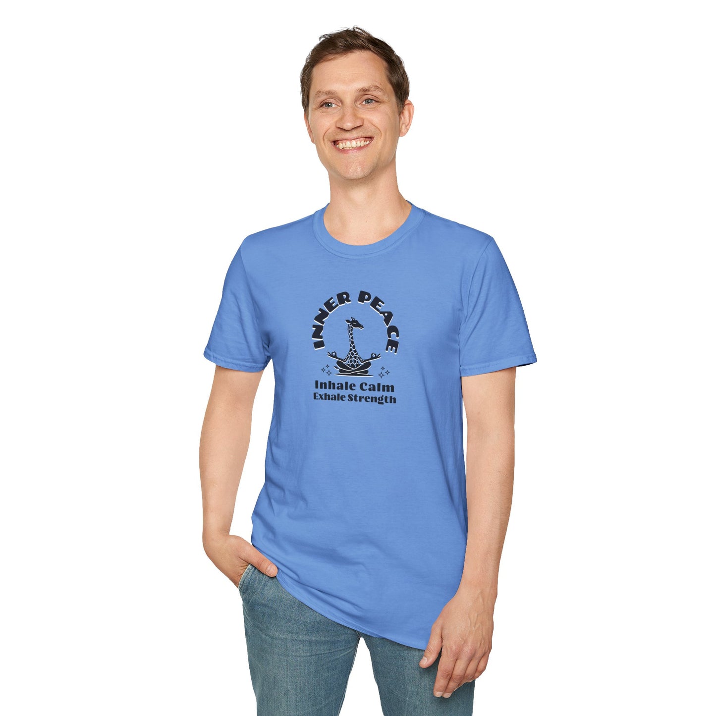 a man wearing a a carolina blue colored t-shirt with image of a giraffe in a zen position with the text surrounding image, inner peace, inhale clam exhale strengths.