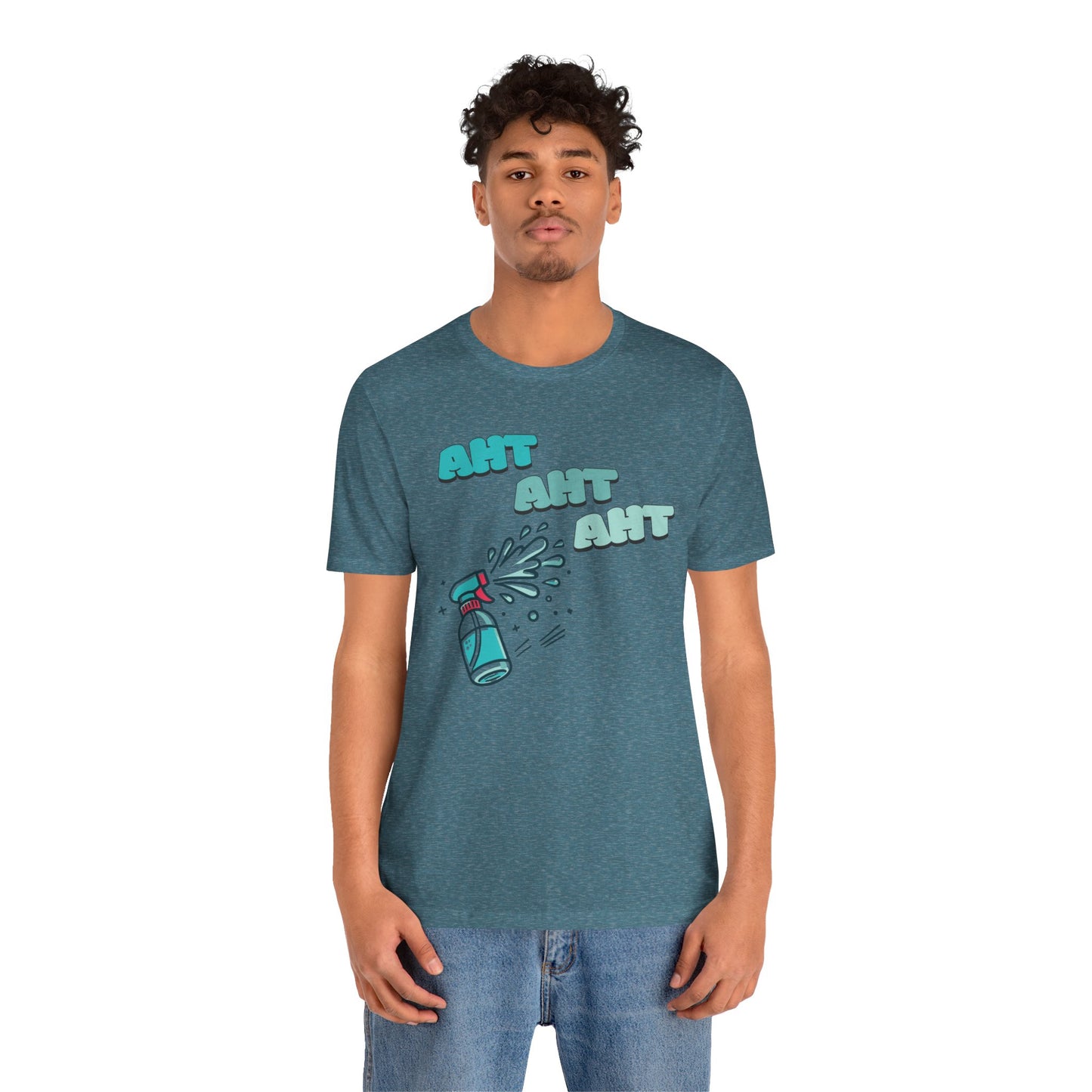 a man wearing a spray bottle shooting three squirts of water, each squirt accompanied by the playful text 'Aht Aht Aht.' The design is printed on a heather deep teal T-shirt, adding a humorous and cheeky vibe, perfect for warding off unwanted behavior with a lighthearted message.