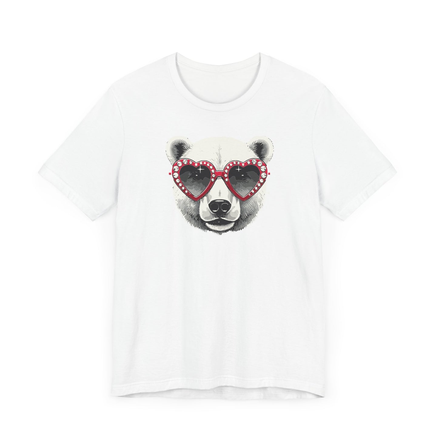 a white color t-shirt with a white polar bear face wearing a a heart-shaped sunglasses