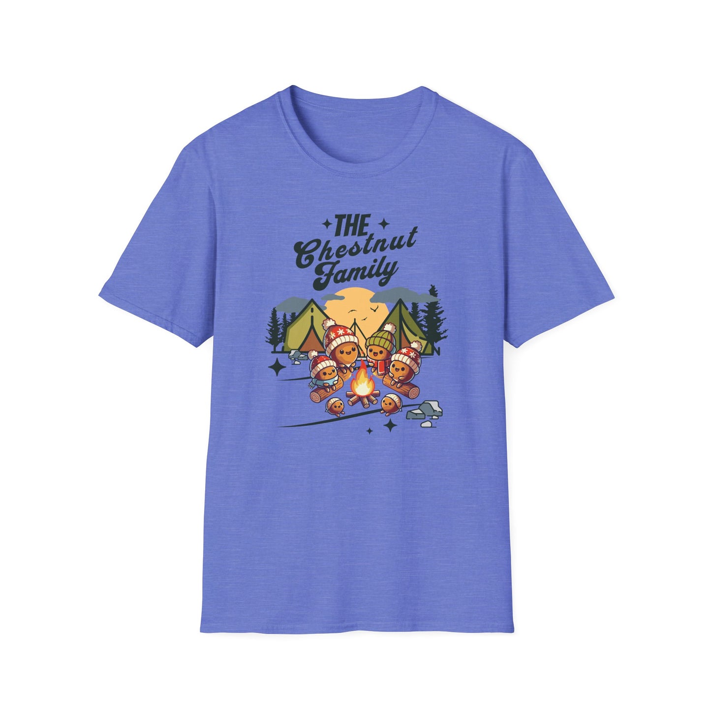 a heather royal colored t-shirt with an image of a cartoon family of chestnuts sitting by an open fire at a campsite