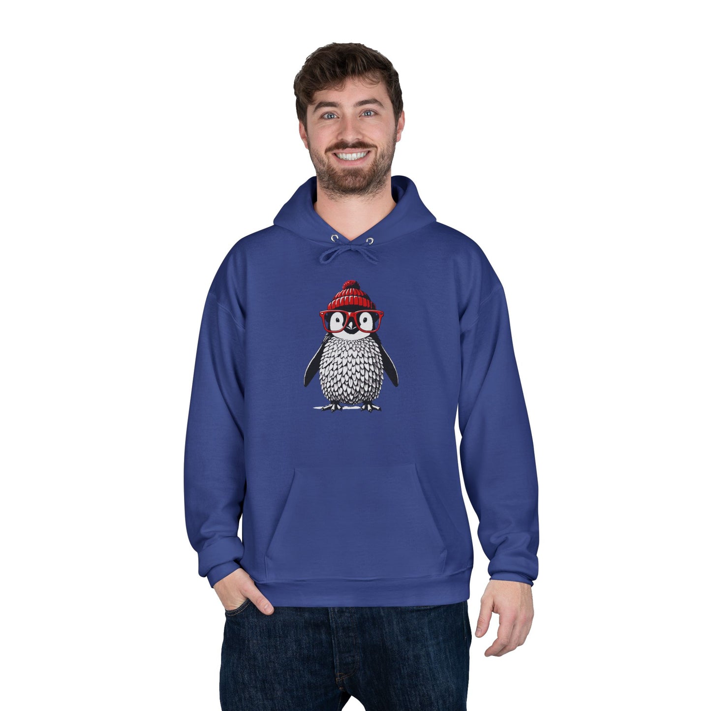 a man wearing a royal blue colored hoodie with an image of a penguin wearing a red beanie and red eyeglasses