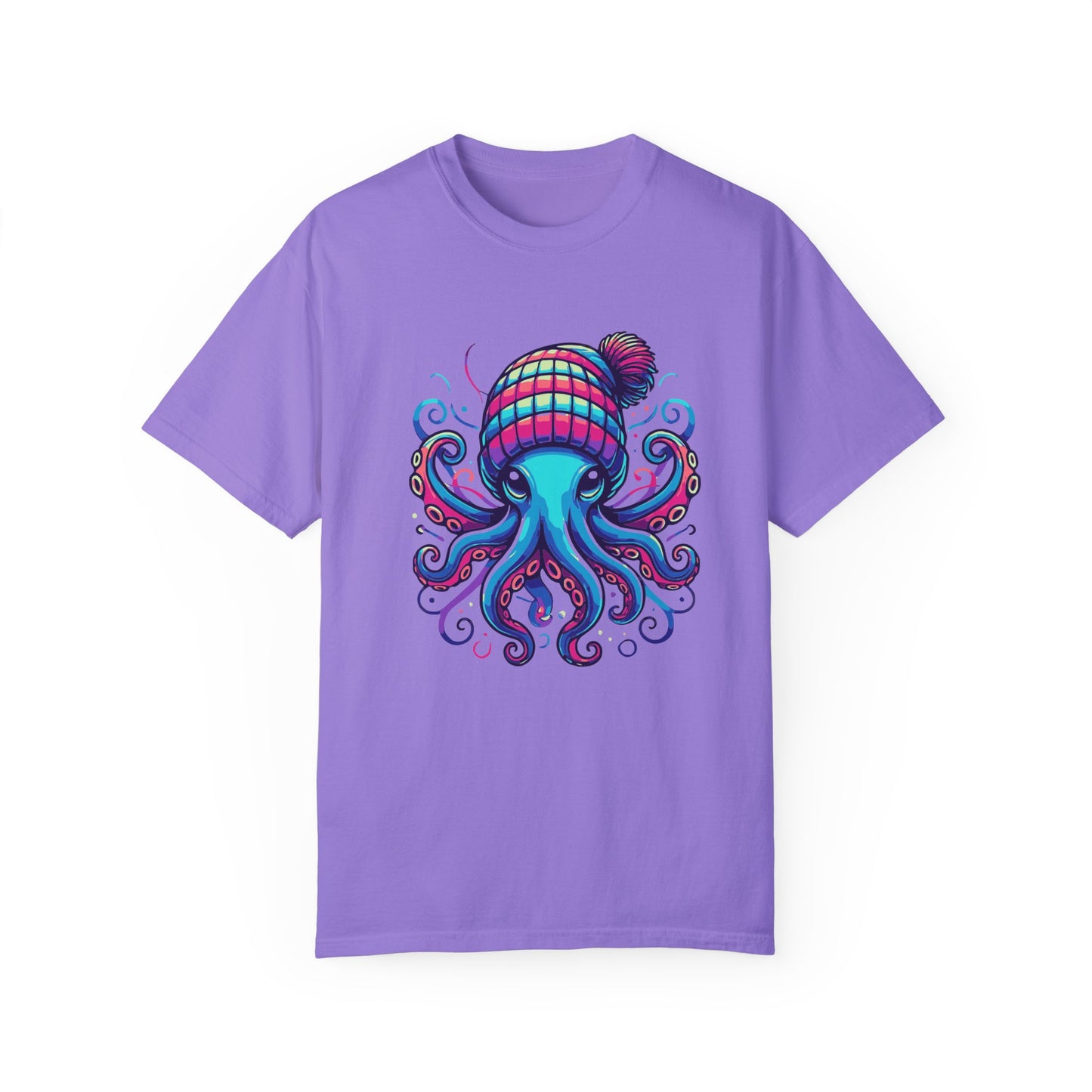 a violet colored t-shirt with an image of jewel-toned Octopus wearing a knit cap