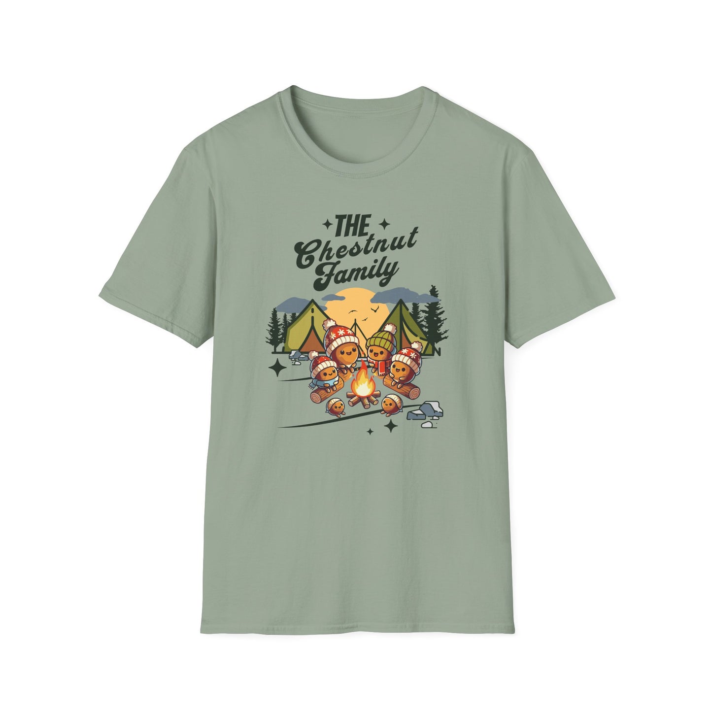 a sage colored t-shirt with an image of a cartoon family of chestnuts sitting by an open fire at a campsite
