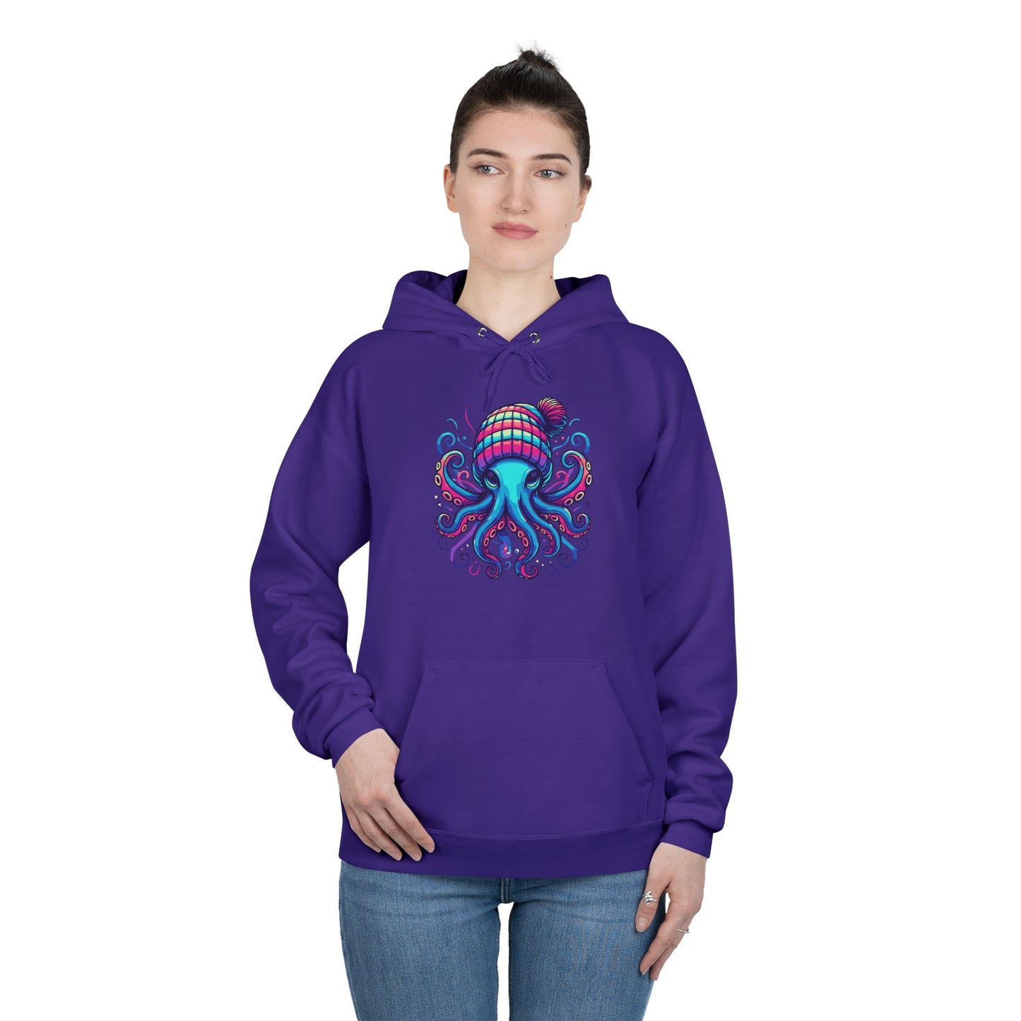a woman wearing a purple colored hoodie with an image of jewel-toned octopus wearing a knit cap