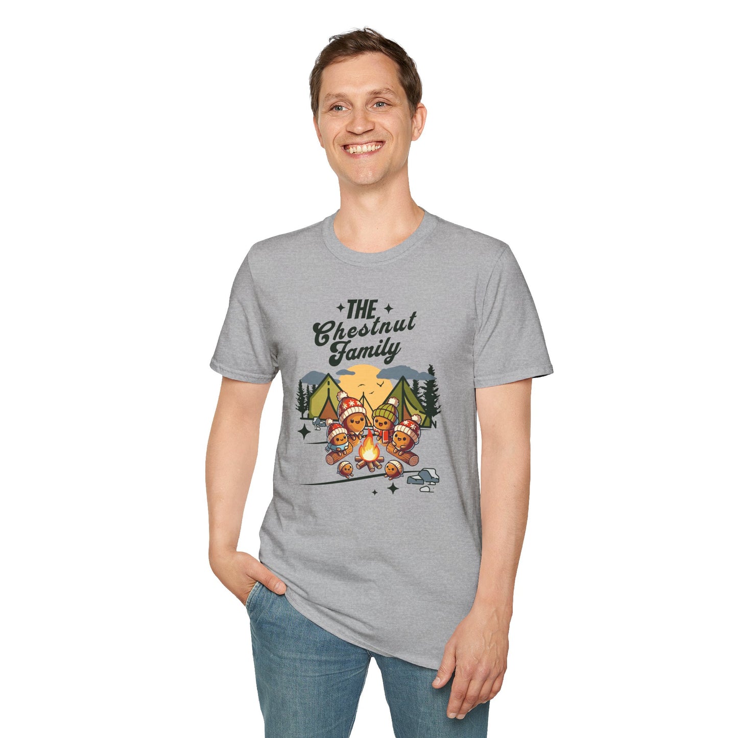 a man wearing a sports grey colored t-shirt with an image of a cartoon family of chestnuts sitting by an open fire at a campsite