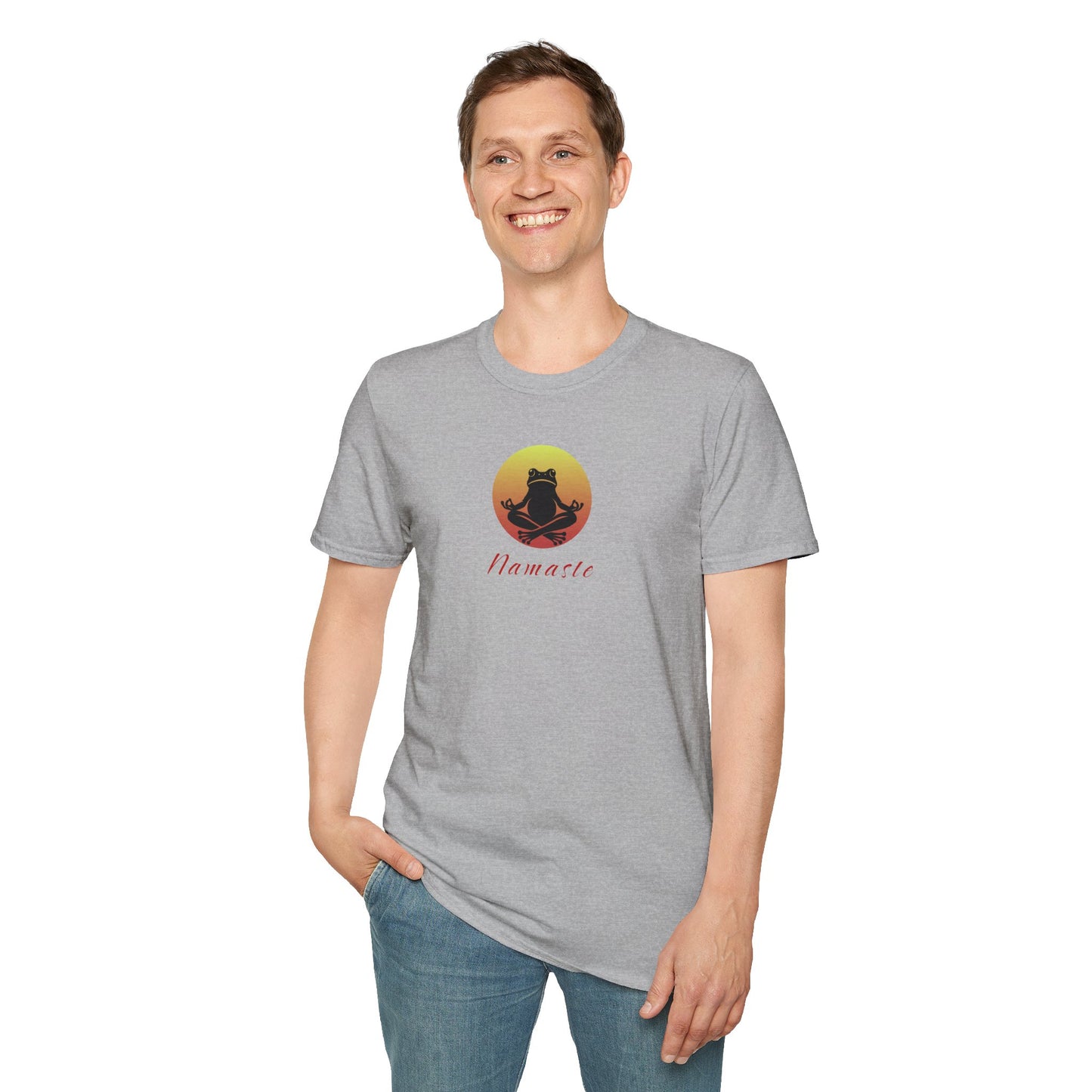a man wearing a Grey-colored T-shirt featuring a relaxed frog in a peaceful yoga pose, ideal for self-care enthusiasts and mindfulness lovers. This zen-inspired shirt offers comfort and calm for yoga practice or everyday wear.