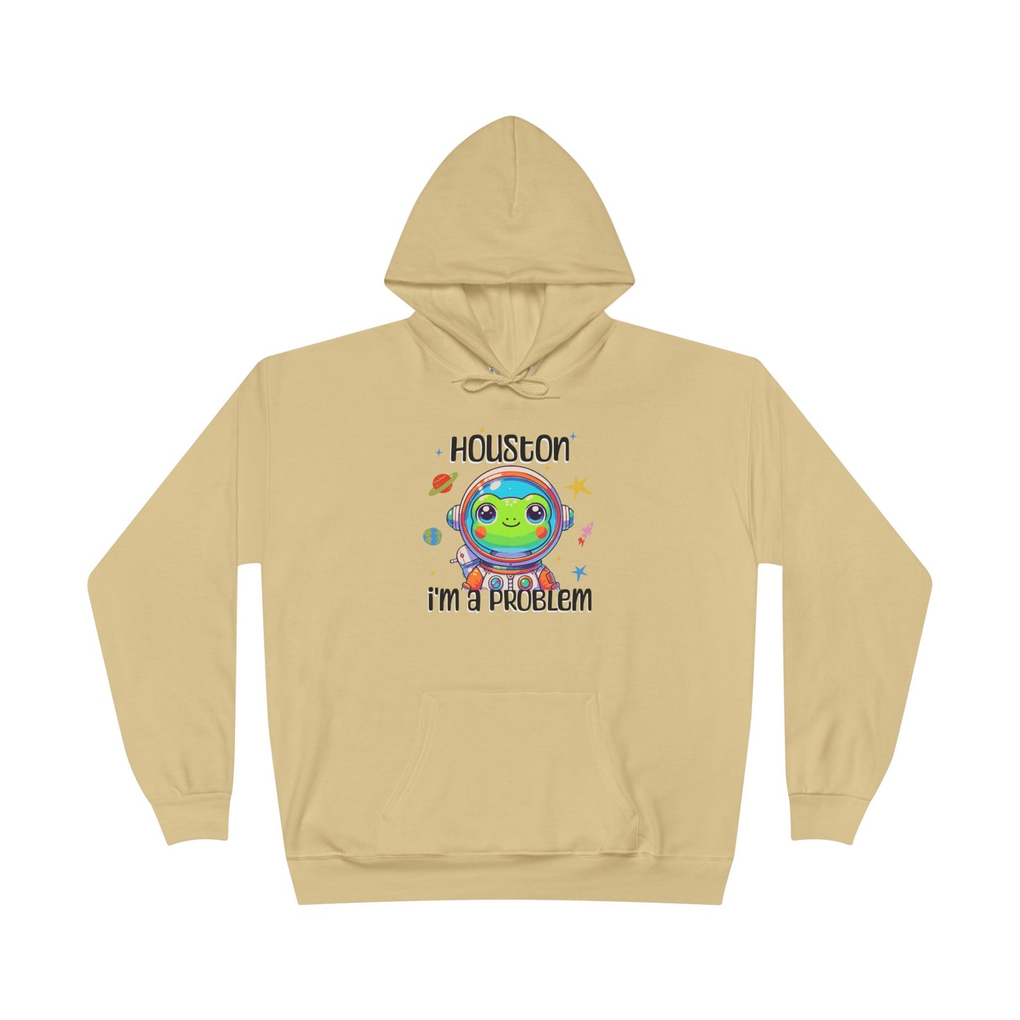 a athletic gold colored t-shirt with graphic of a cute astronaut frog in a spacesuit, ready for an interstellar adventure. The design showcases the frog as a space cadet, radiating charm and joy, perfect for spreading smiles across the galaxy