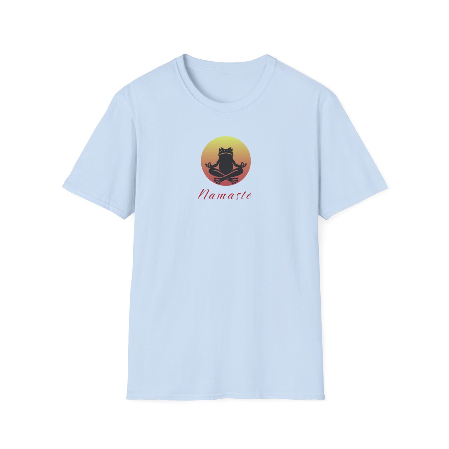 Light blue colored T-shirt featuring a relaxed frog in a peaceful yoga pose, ideal for self-care enthusiasts and mindfulness lovers. This zen-inspired shirt offers comfort and calm for yoga practice or everyday wear