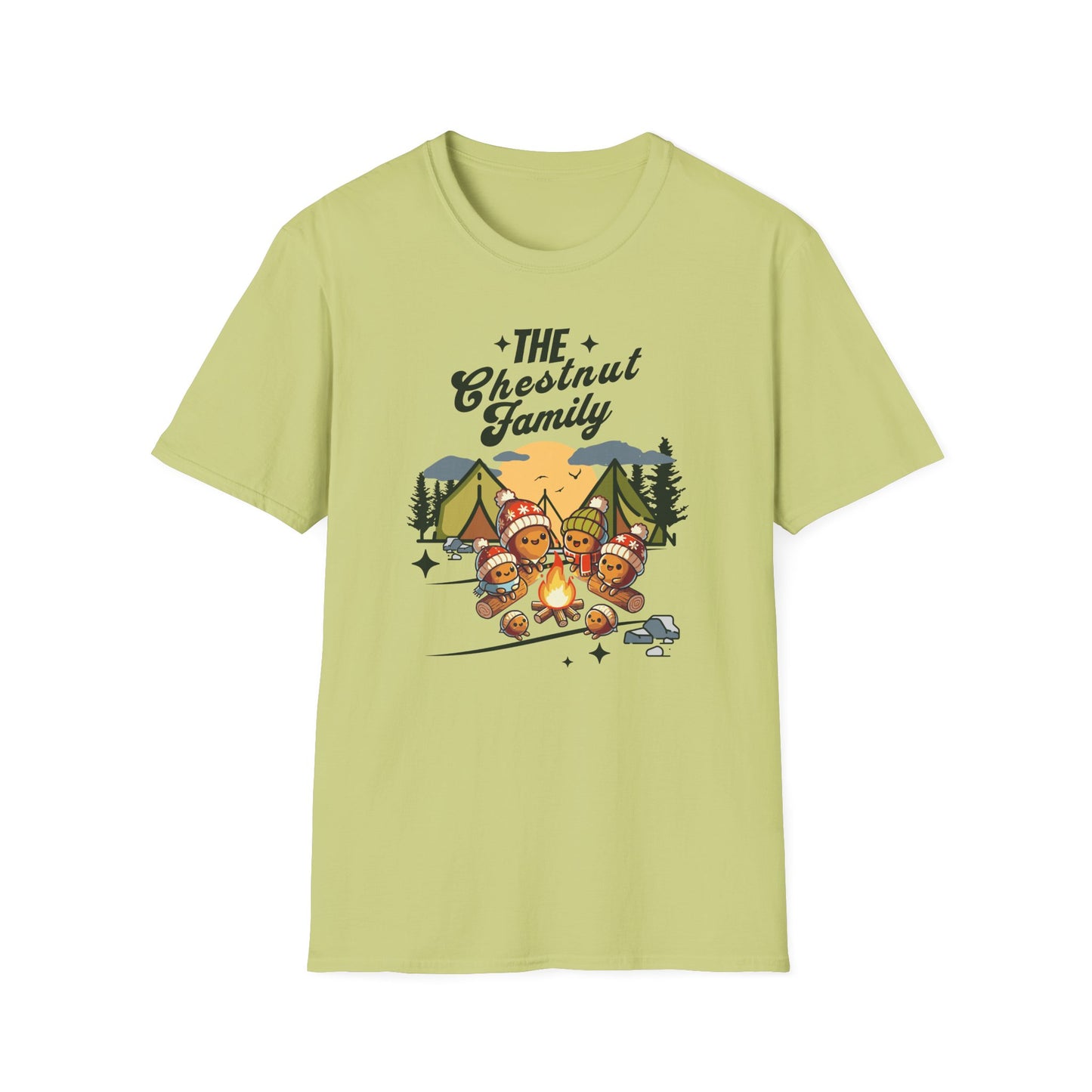 a pistachio colored t-shirt with an image of a cartoon family of chestnuts sitting by an open fire at a campsite