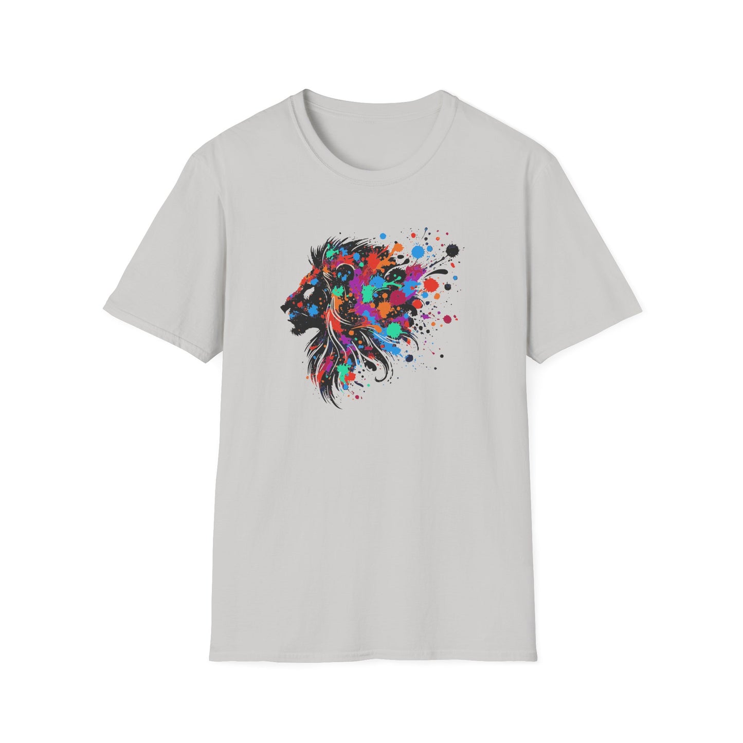 a ice grey colored tshirt featuring a vibrant ink splatter forming the side profile of a lion's head, showcasing bold colors and dynamic artistic detail.