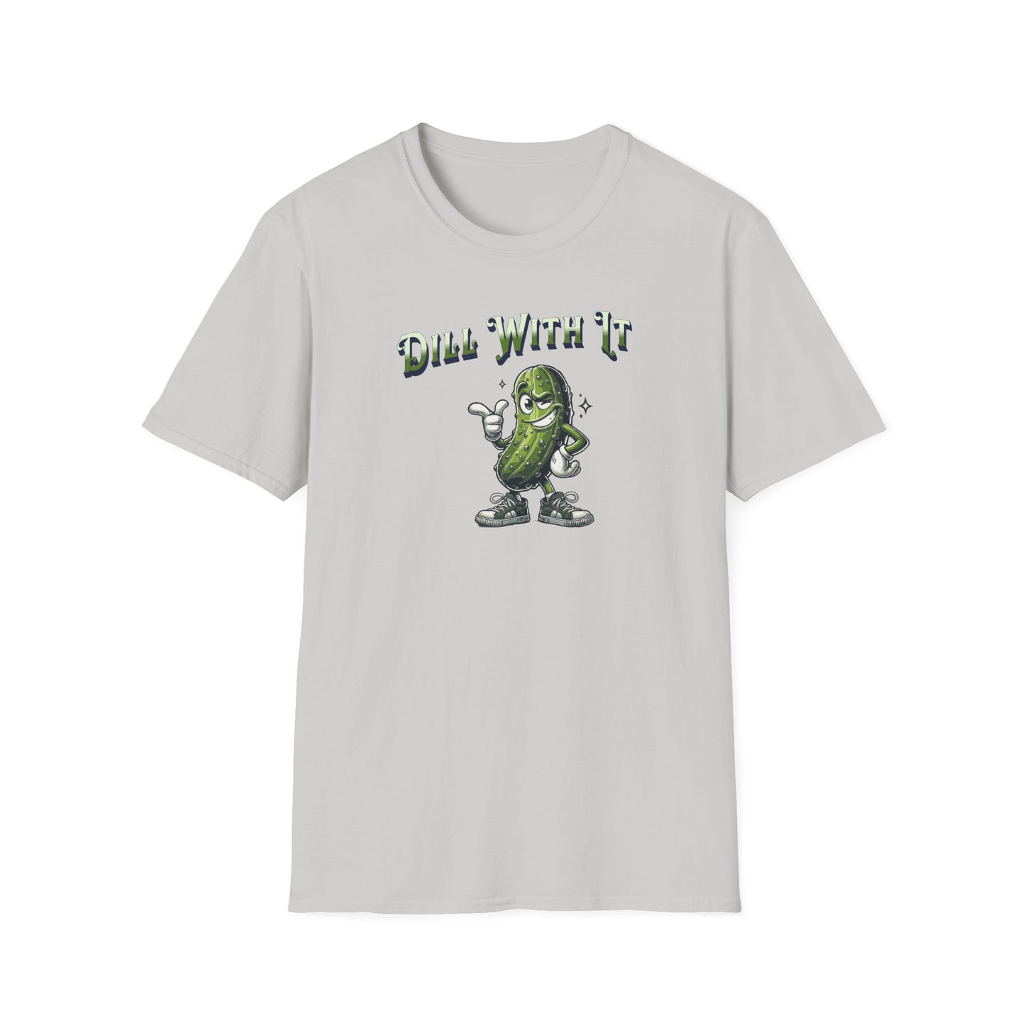Ice grey colored t-shirt featuring a snarky pickle with a smirking expression, accompanied by the text 'Dill with it.' The pickle exudes cool confidence, perfect for those who embrace their individuality and unbothered attitude.