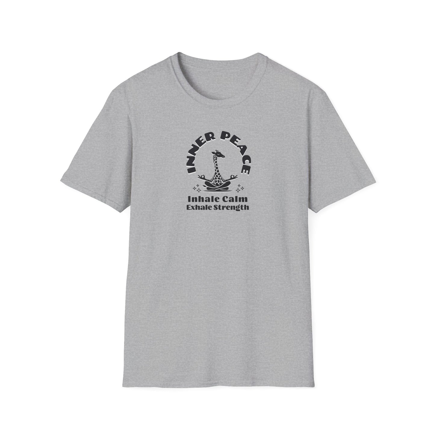 a sport grey colored t-shirt with image of a giraffe in a zen position with the text surrounding image, inner peace, inhale clam exhale strengths.