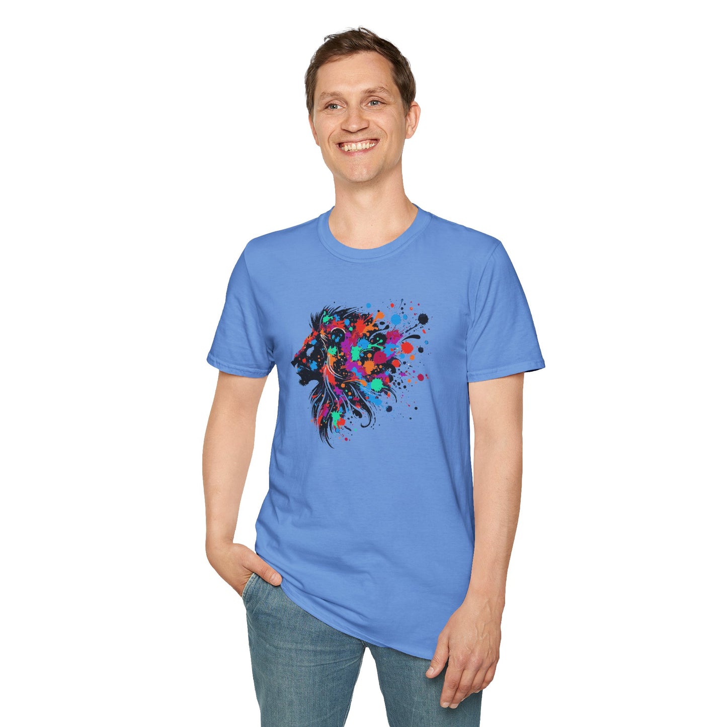 a man wearing a carolina blue colored tshirt background featuring a vibrant ink splatter forming the side profile of a lion's head, showcasing bold colors and dynamic artistic detail.