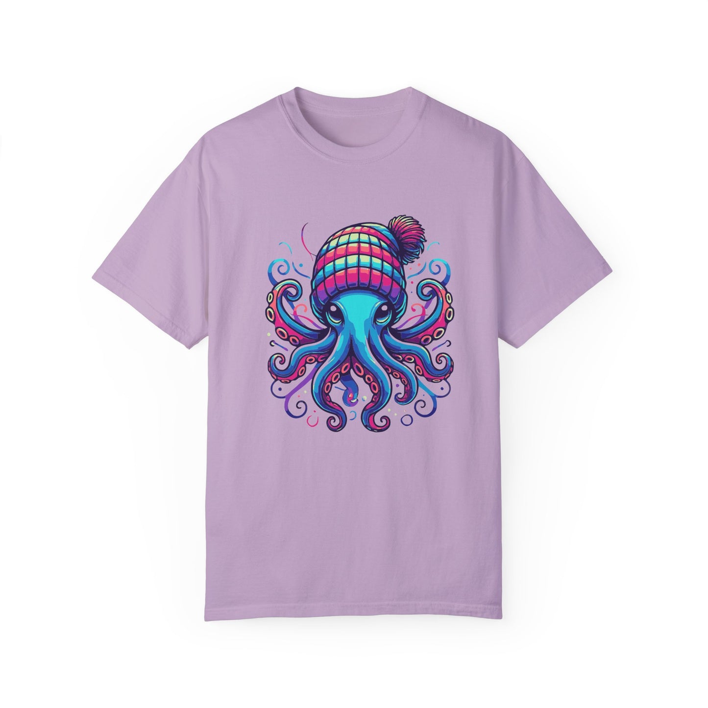 an orchid colored t-shirt with an image of jewel-toned Octopus wearing a knit cap