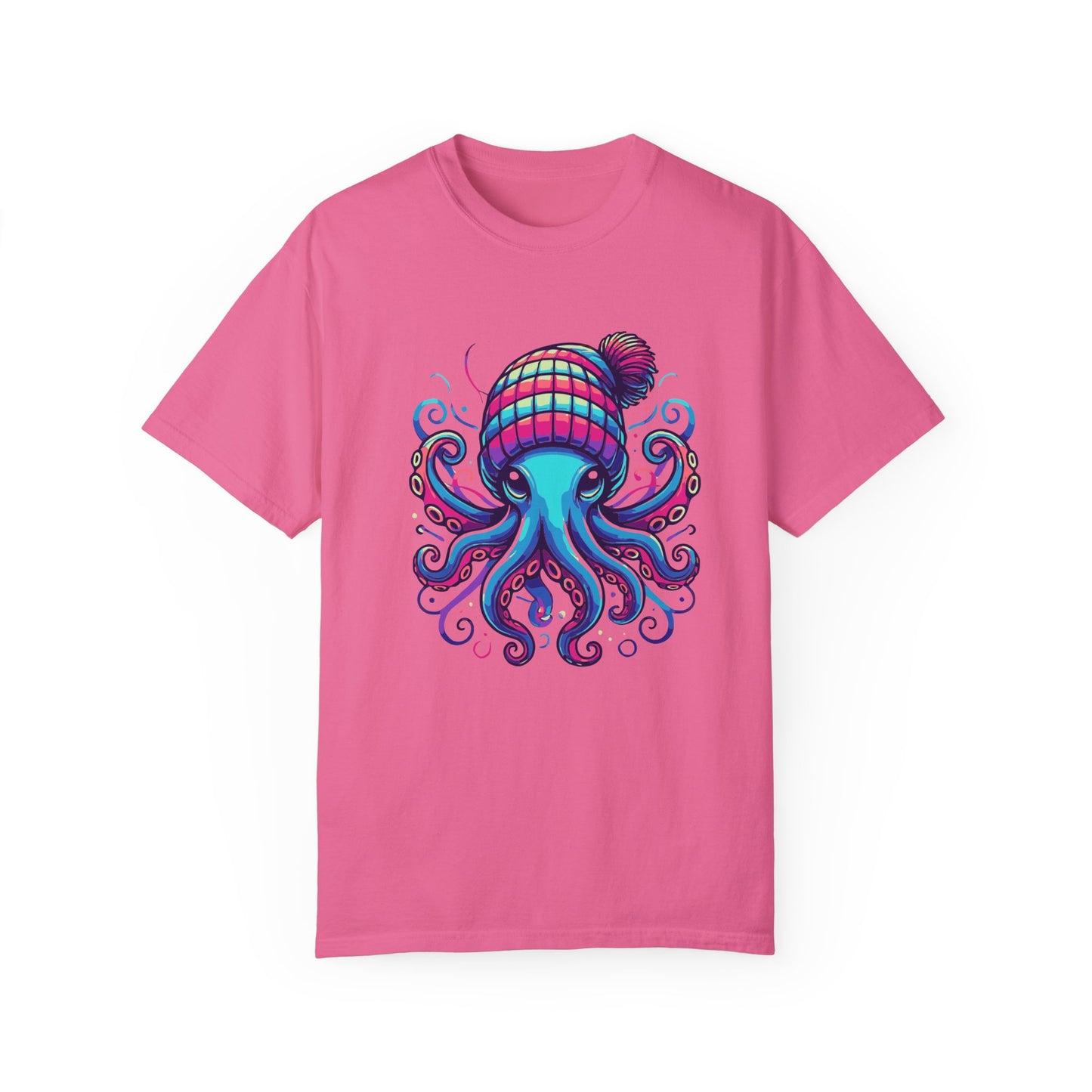 a crunchberry colored t-shirt with an image of jewel-toned Octopus wearing a knit cap