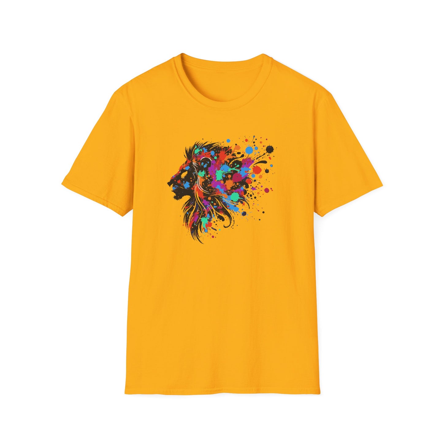 a gold colored tshirt featuring a vibrant ink splatter forming the side profile of a lion's head, showcasing bold colors and dynamic artistic detail.