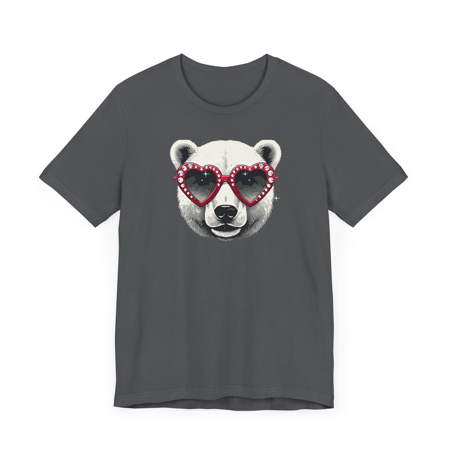 an asphalt color t-shirt with a white polar bear face wearing a a heart-shaped sunglasses