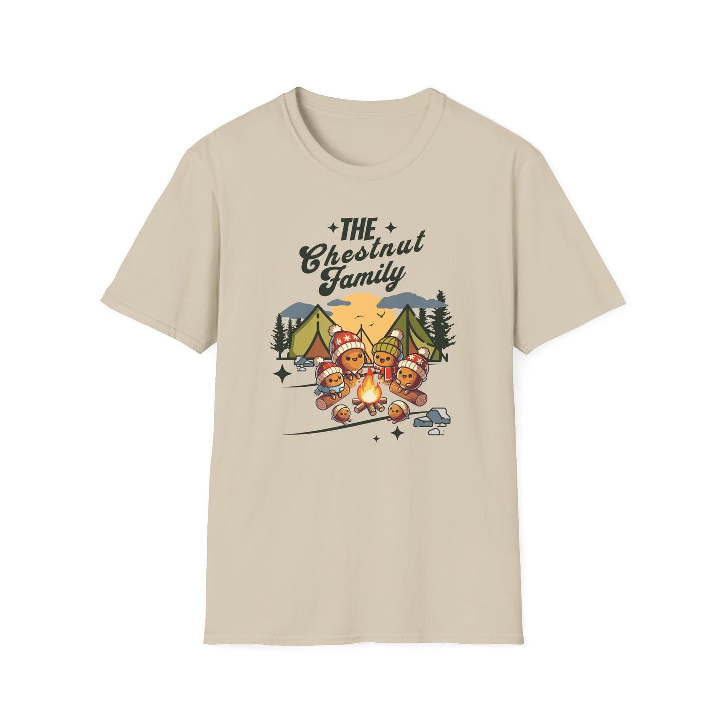 a sand colored t-shirt with an image of a cartoon family of chestnuts sitting by an open fire at a campsite