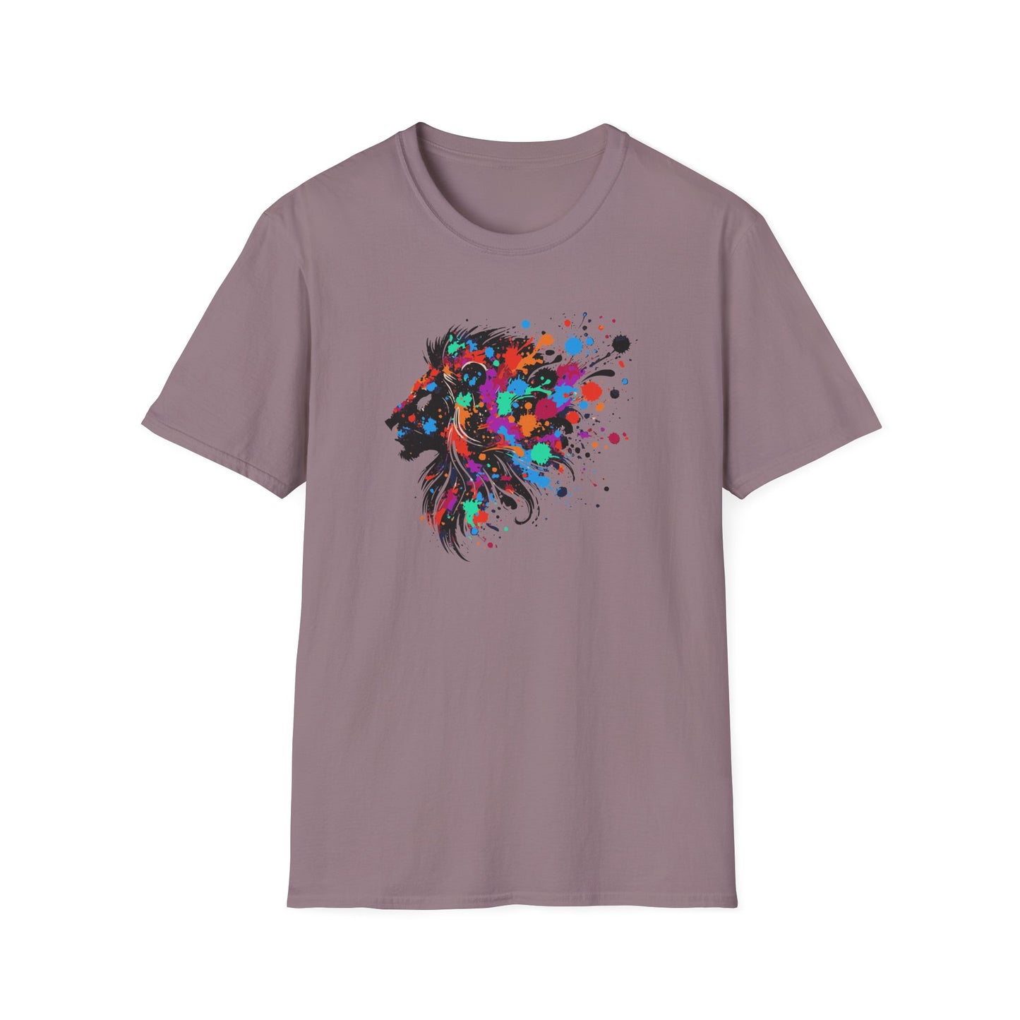 a paragon colored tshirt featuring a vibrant ink splatter forming the side profile of a lion's head, showcasing bold colors and dynamic artistic detail.