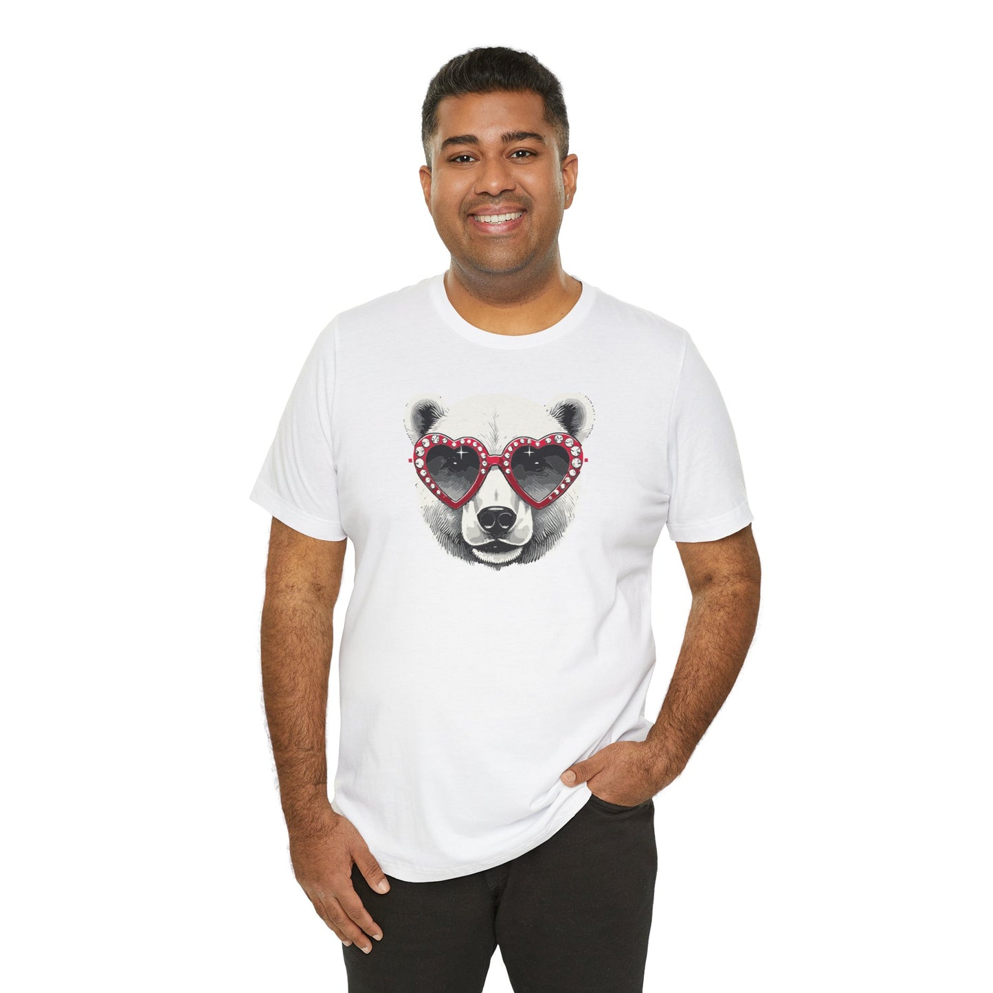 a man wearing a white color t-shirt with a white polar bear face wearing a a heart-shaped sunglasses