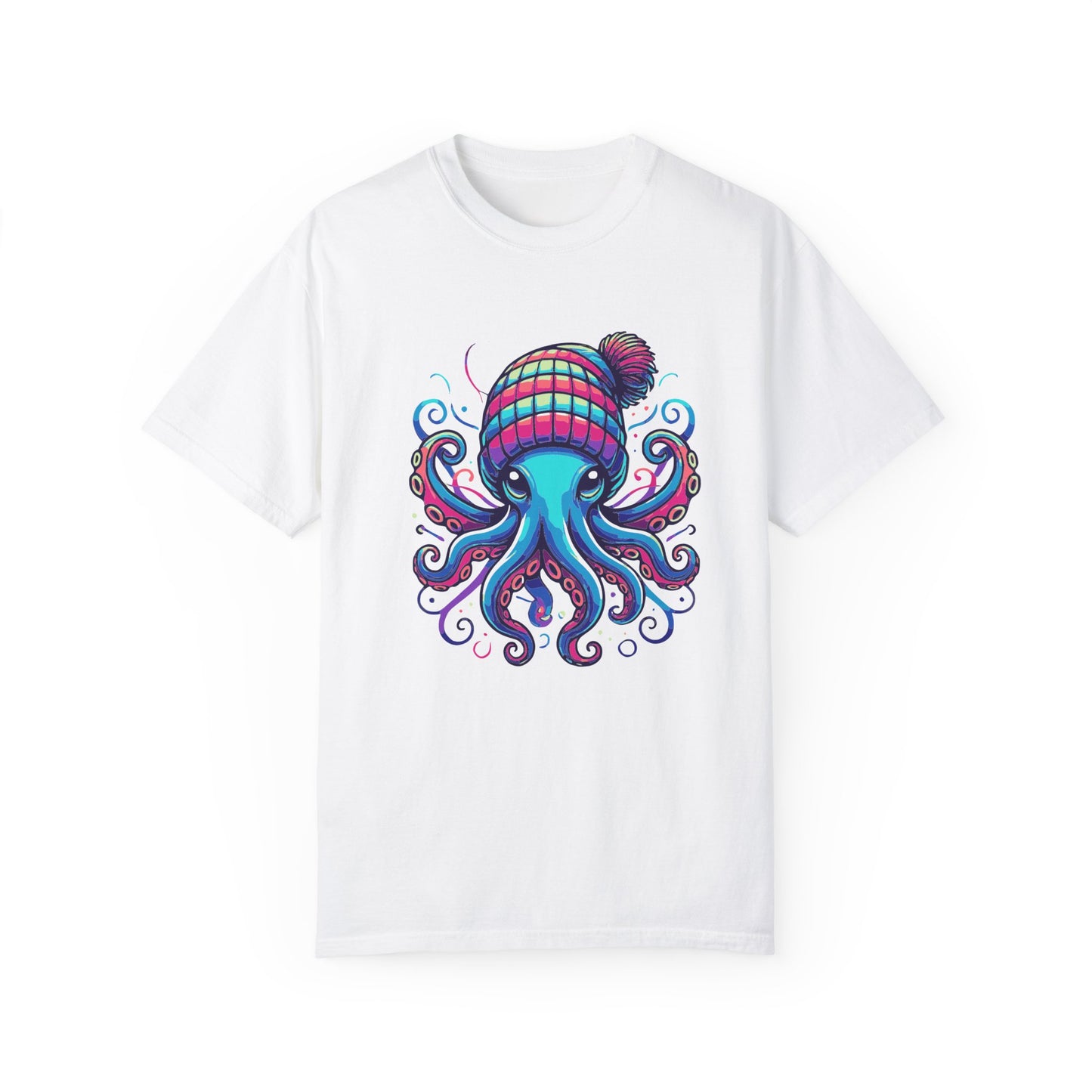 a white colored t-shirt with an image of jewel-toned Octopus wearing a knit cap