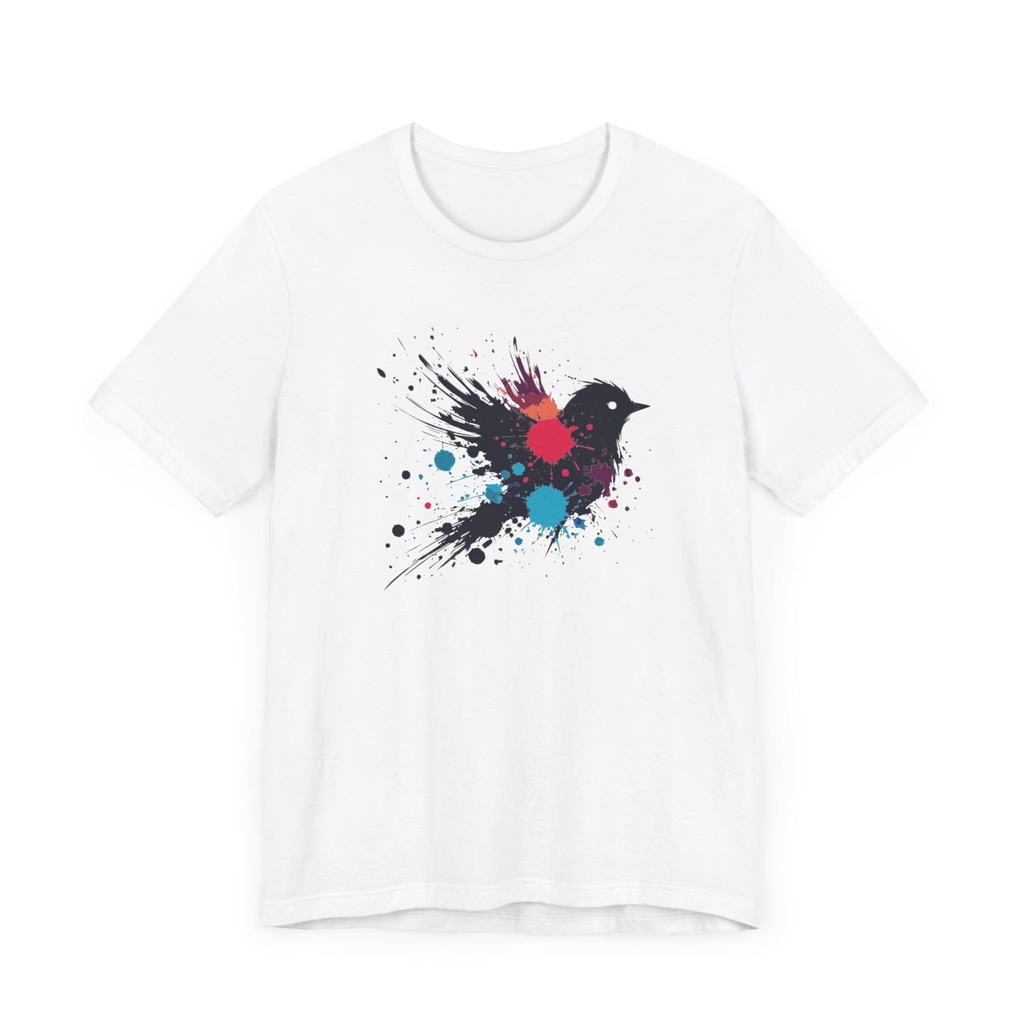 a white color t-shirt with an image of blue red and orange paint splatter bird