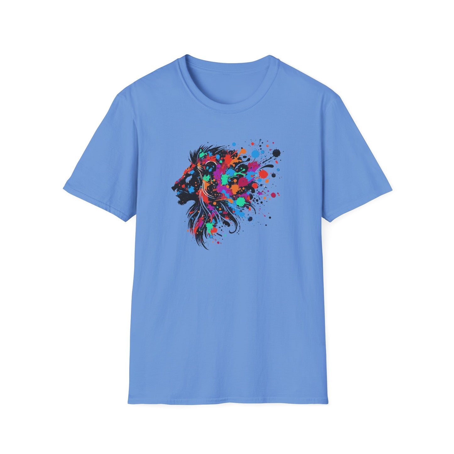 a carolina blue colored tshirt featuring a vibrant ink splatter forming the side profile of a lion's head, showcasing bold colors and dynamic artistic detail.