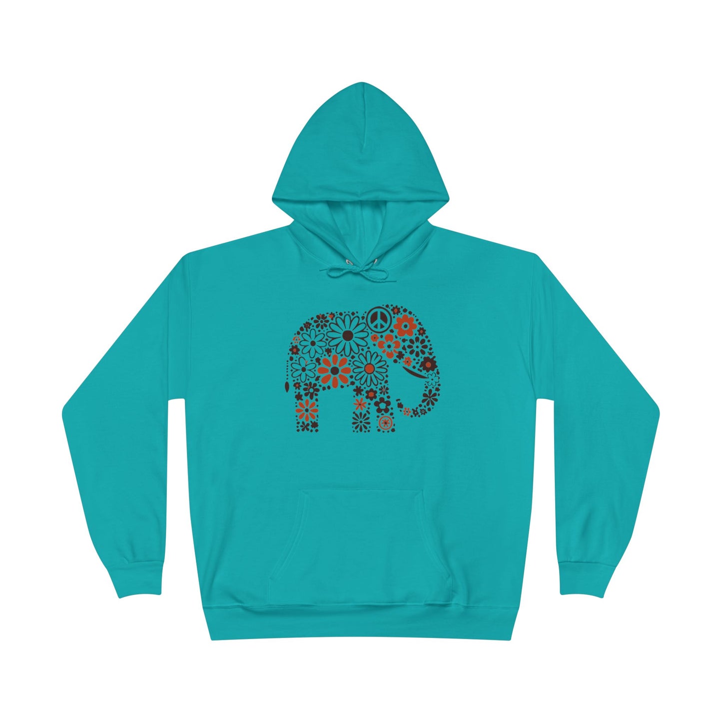 a athletic teal color hoodie with an image of an elephant created out of brown and orange floral design