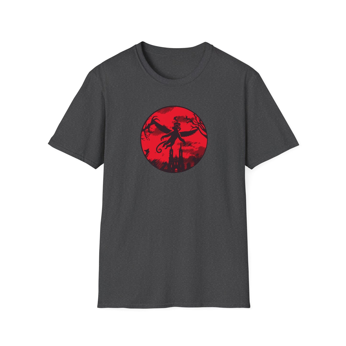 heather grey t-shirt featuring a winged monkey soaring against a haunting red sky, perfect for embracing your wild and mischievous side with bold, daring style.