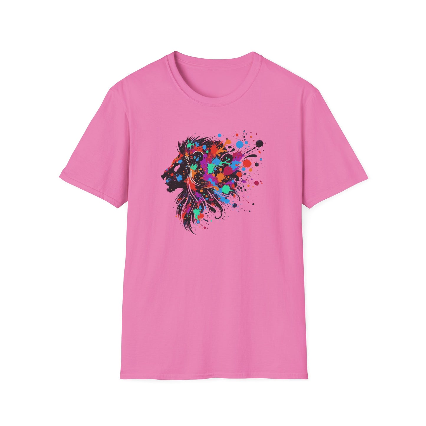 a azalea colored tshirt featuring a vibrant ink splatter forming the side profile of a lion's head, showcasing bold colors and dynamic artistic detail.