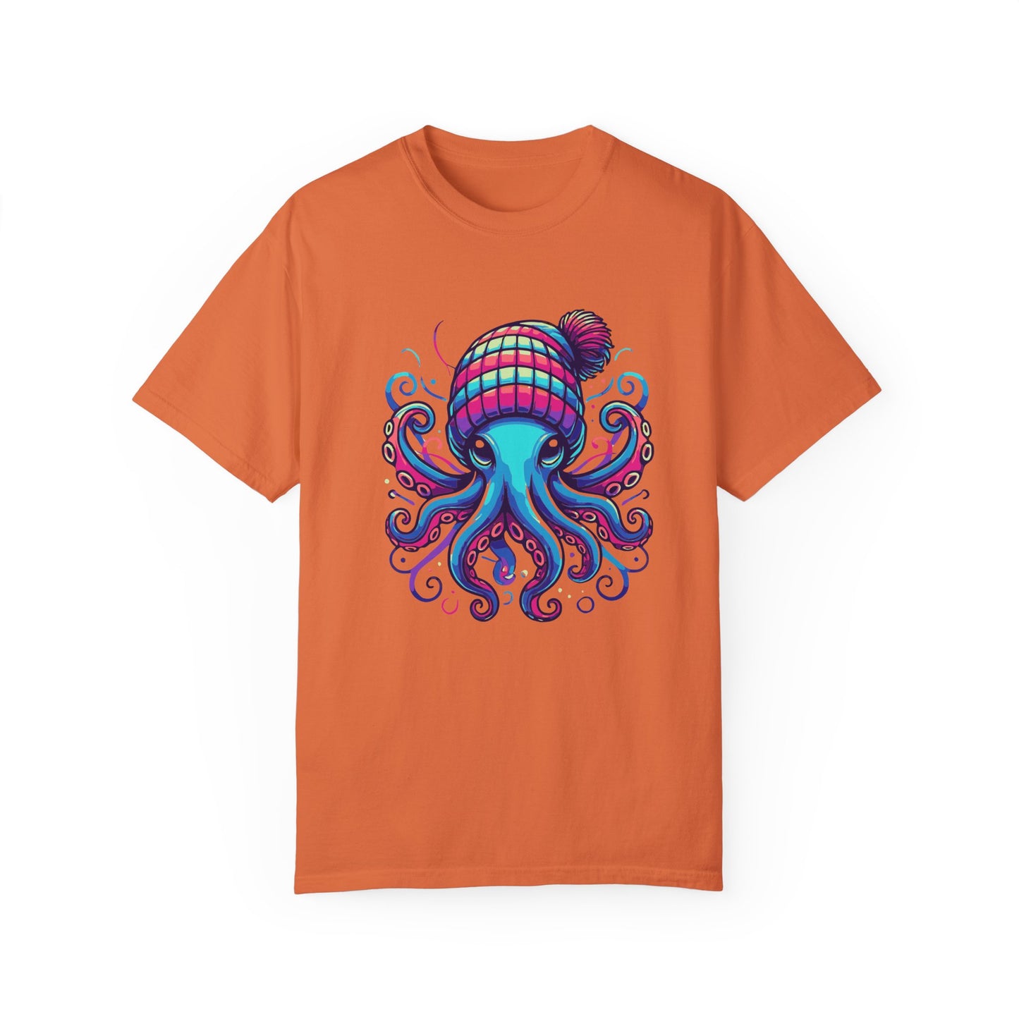 a burnt orange colored t-shirt with an image of jewel-toned Octopus wearing a knit cap